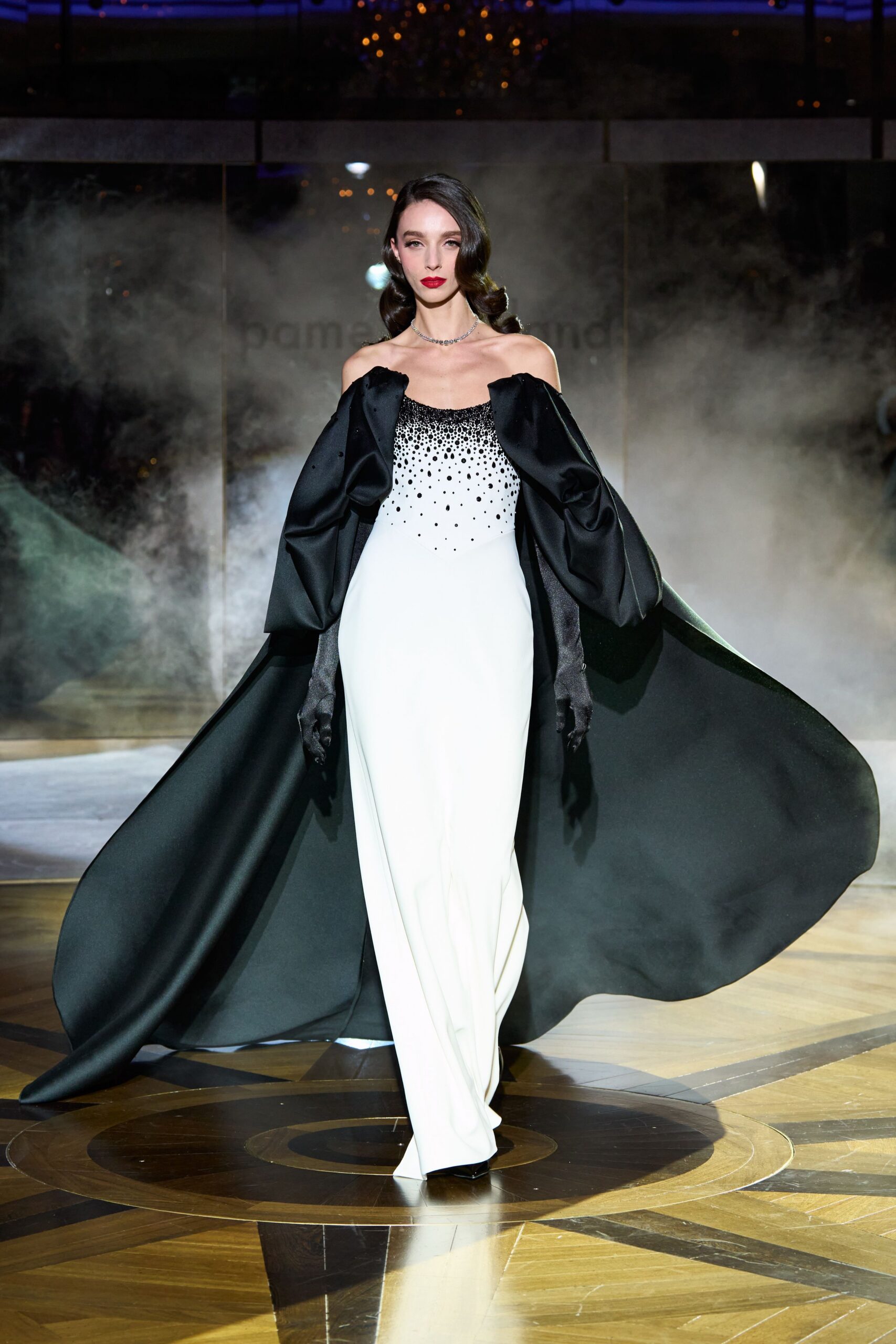 black silk long-sleeve structured draped cape