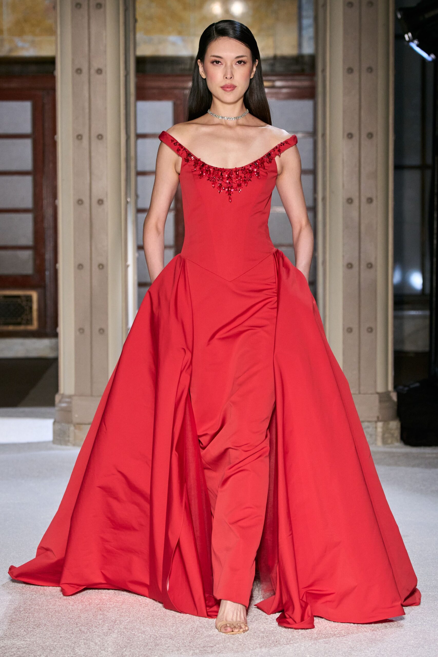 red silk off-shoulder fitted embroidered a-line maxi gown