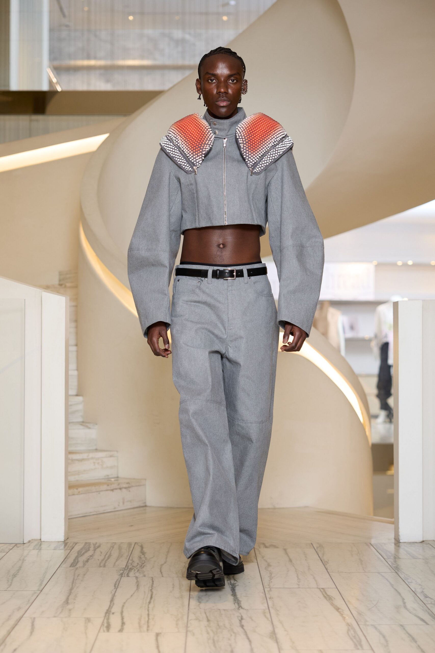 gray cotton long-sleeve collared fitted layered top