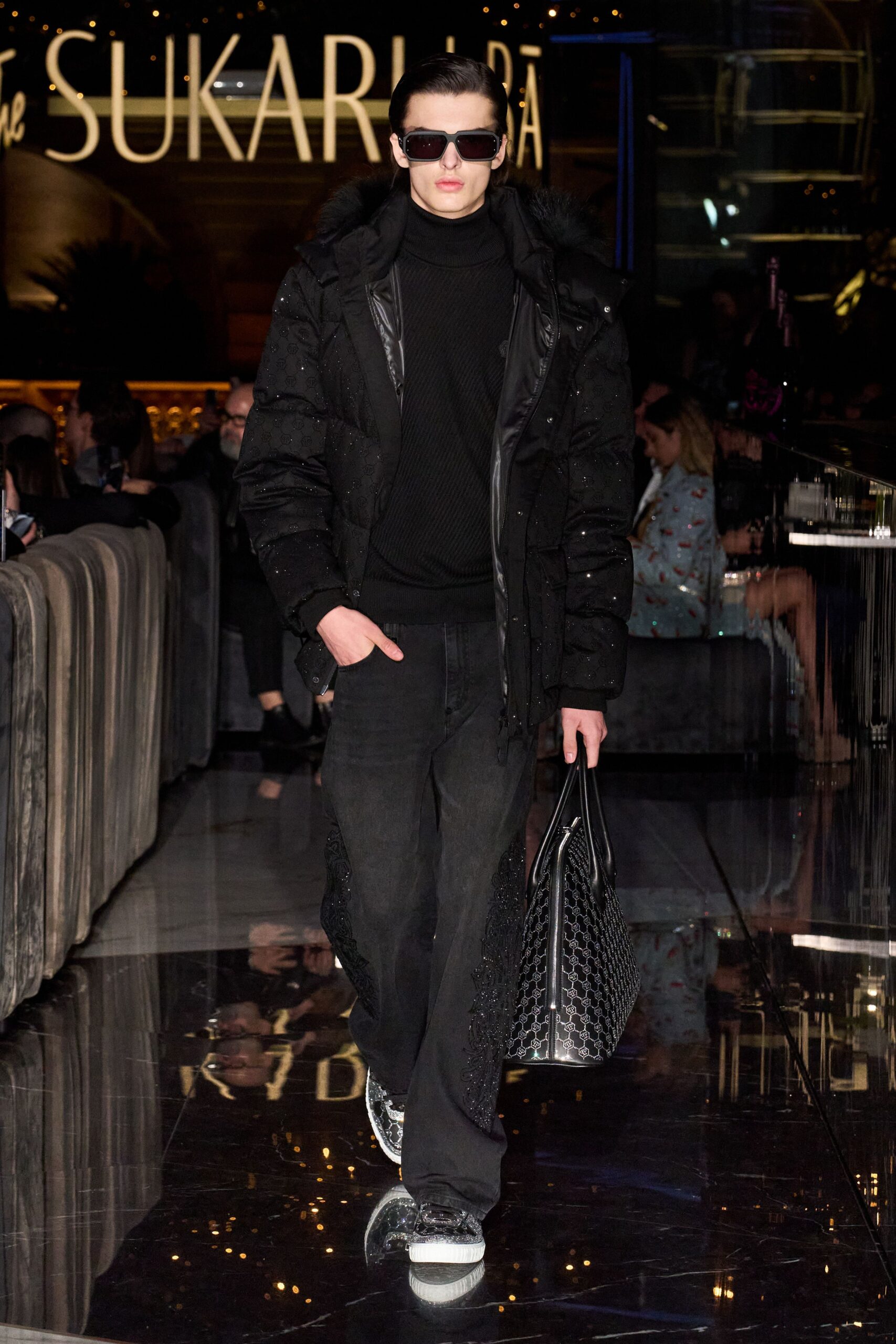 black vinyl embellished bag