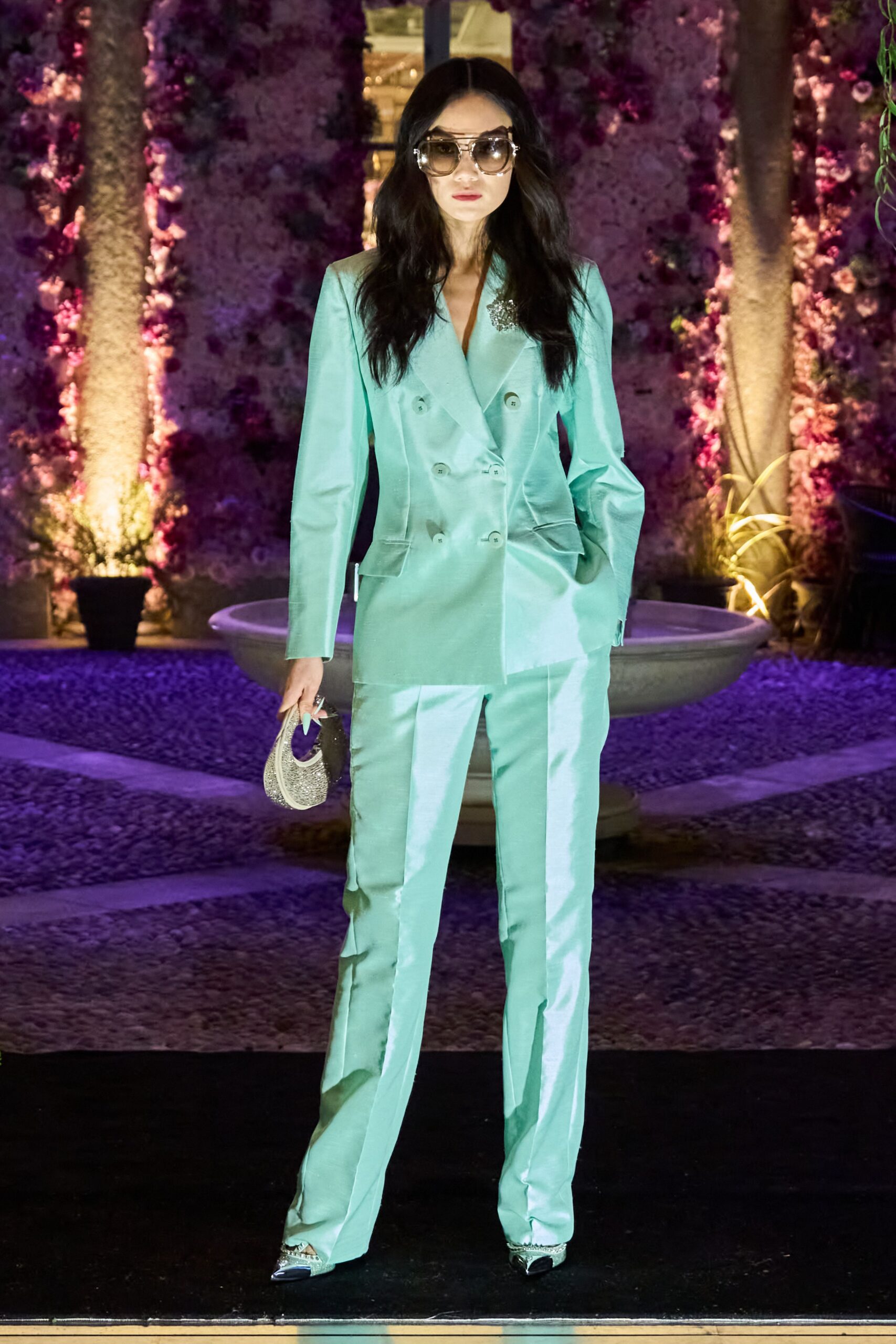 green satin long-sleeve collared tailored shiny suit