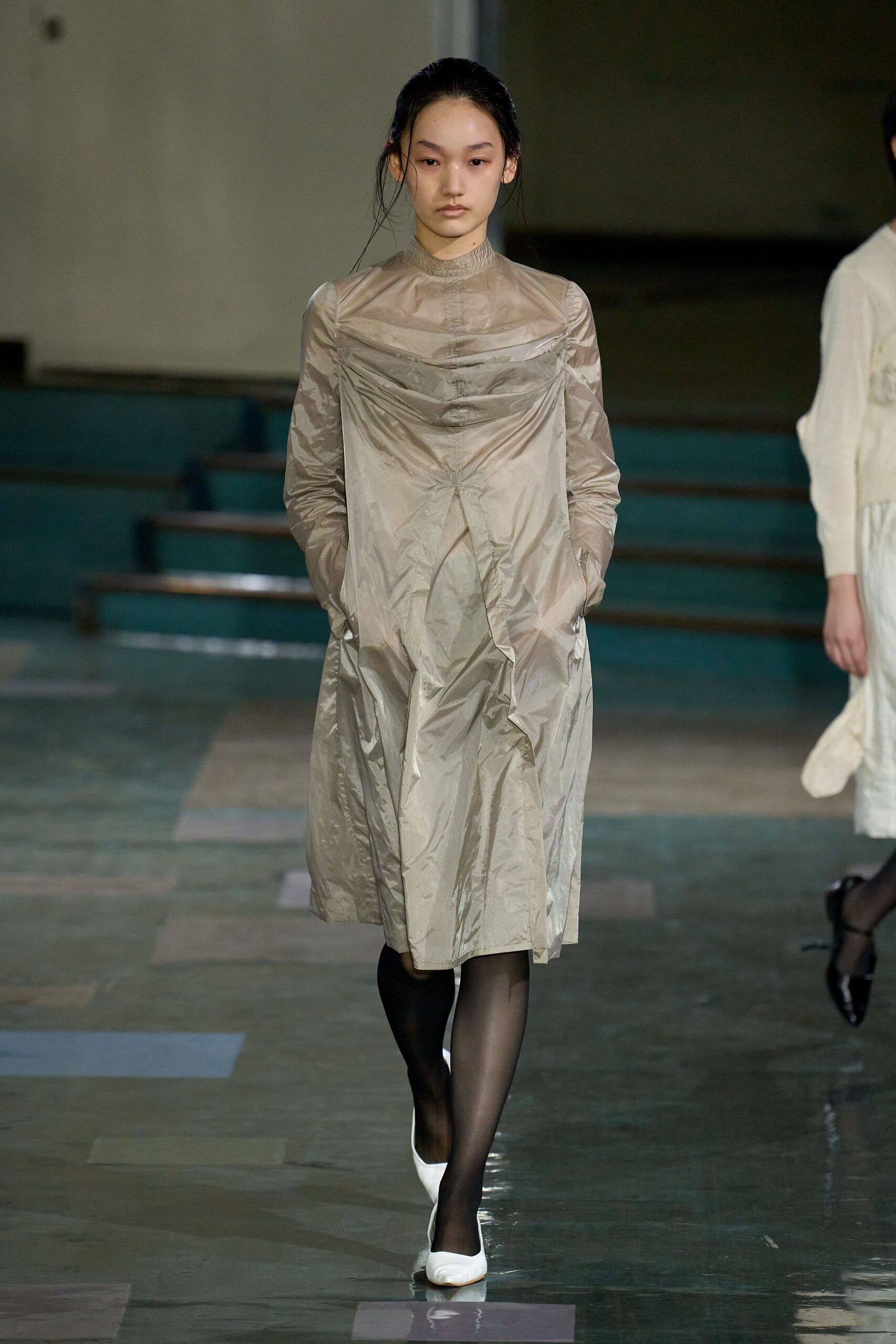 beige silk long-sleeve high-neck relaxed draped sheer dress