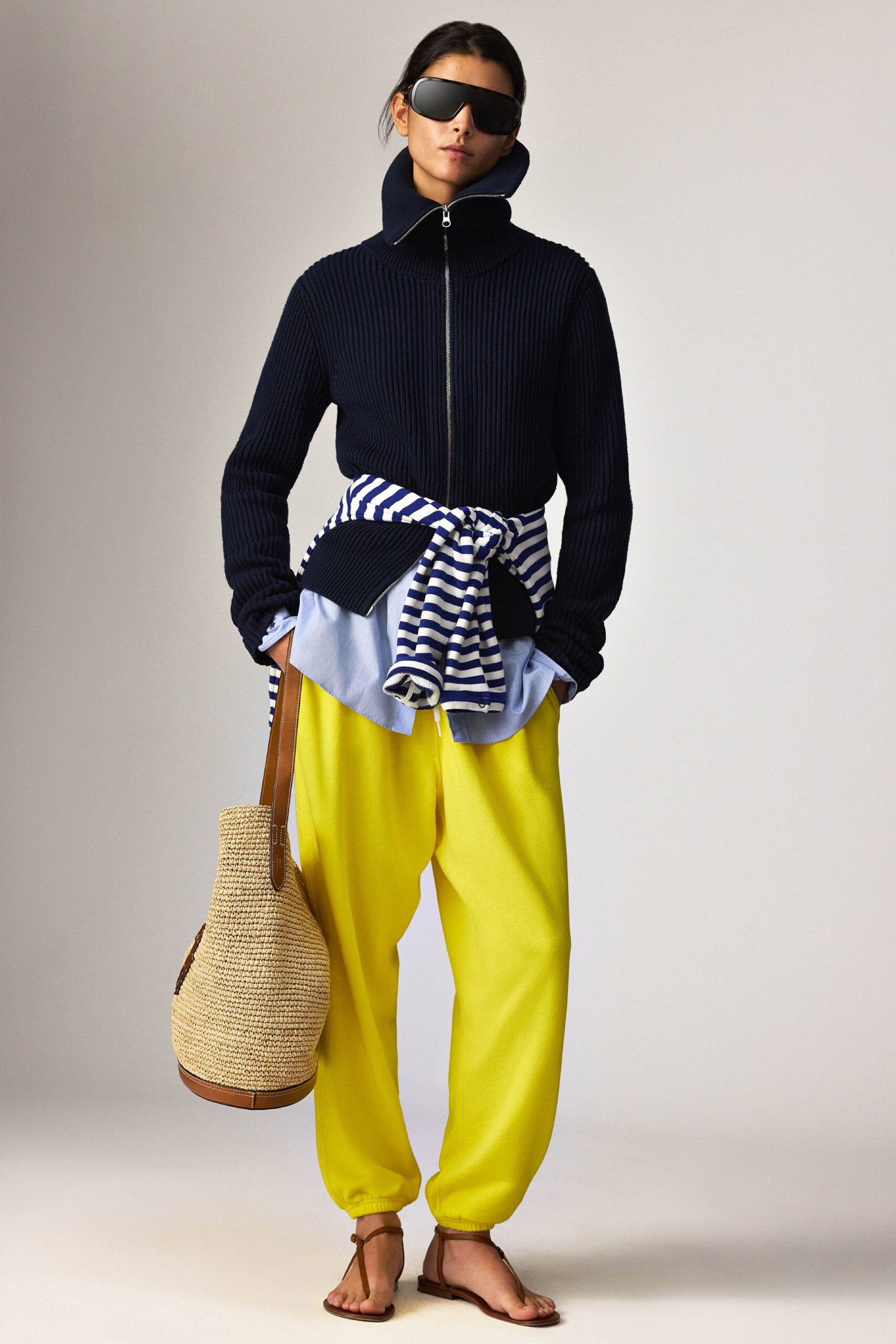 black jacket blue shirt yellow pants