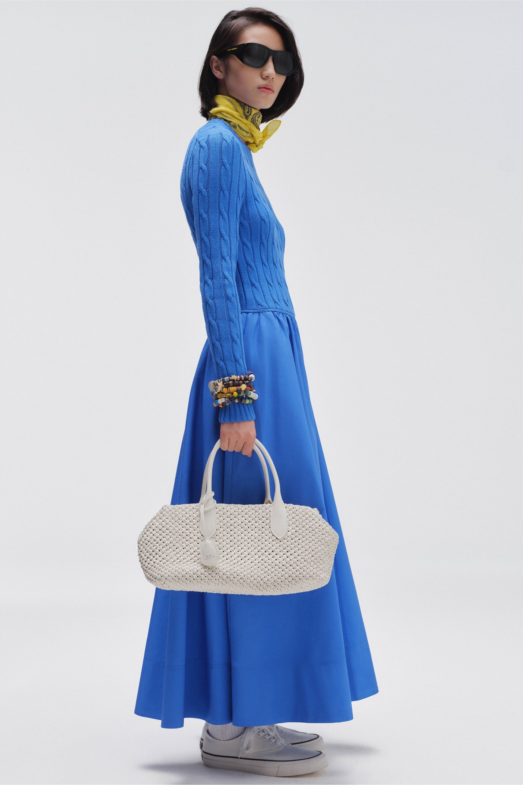 blue cotton long-sleeve v-neck fitted pleated maxi dress