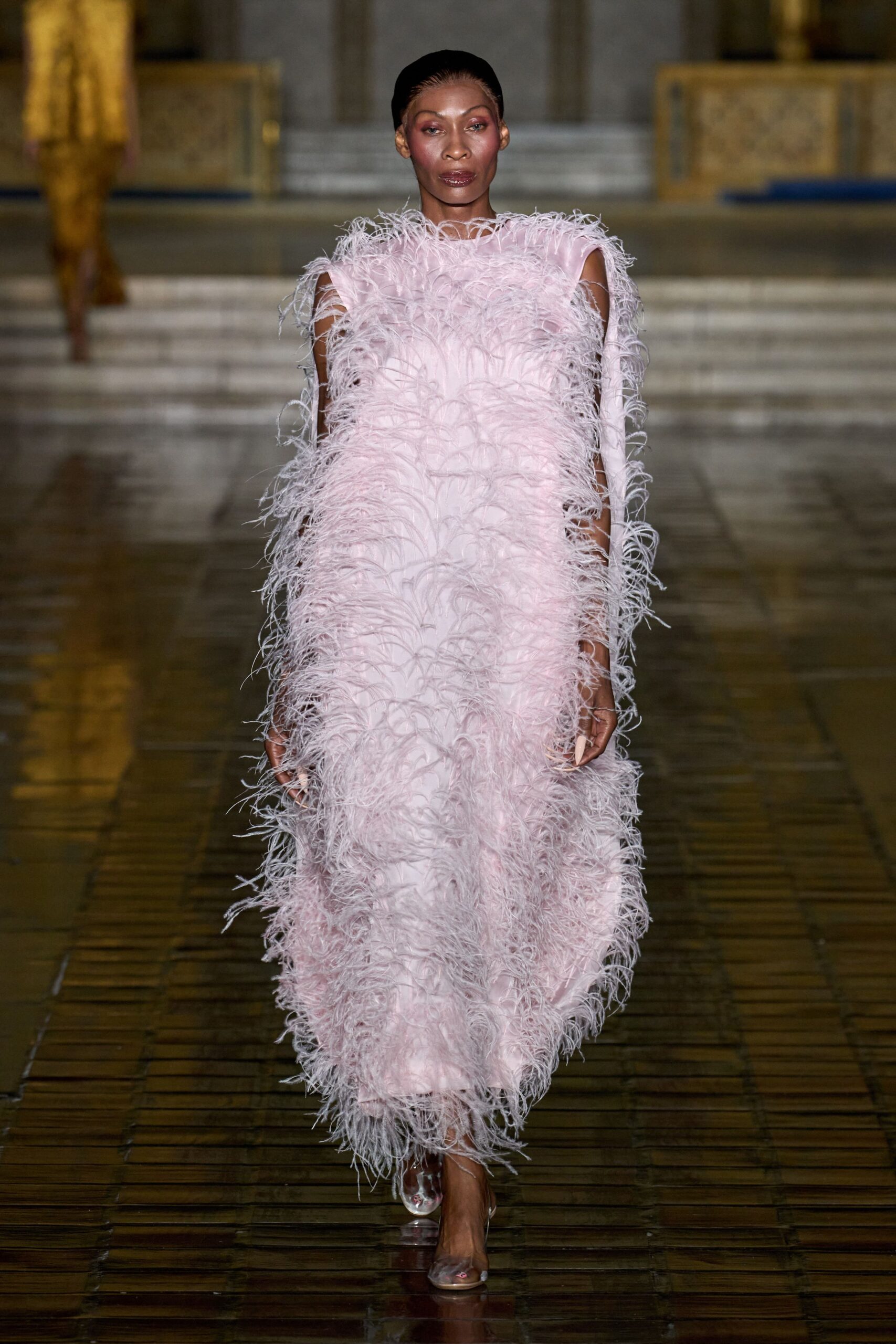 pink feathered maxi gown