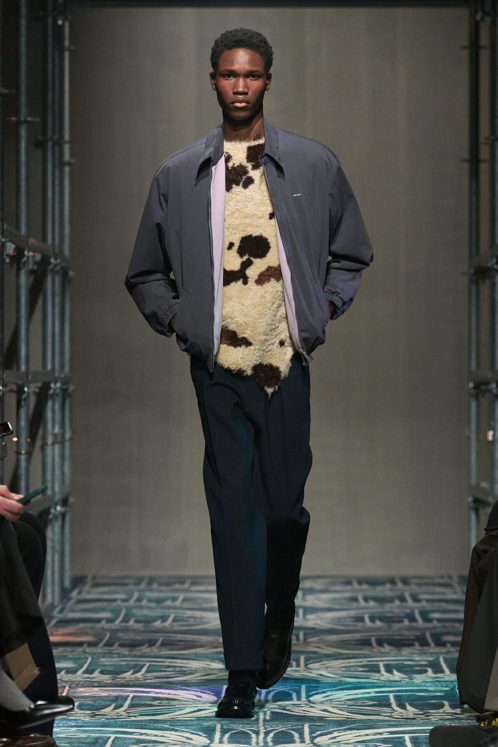 beige wool long-sleeve collared fitted animal-print top