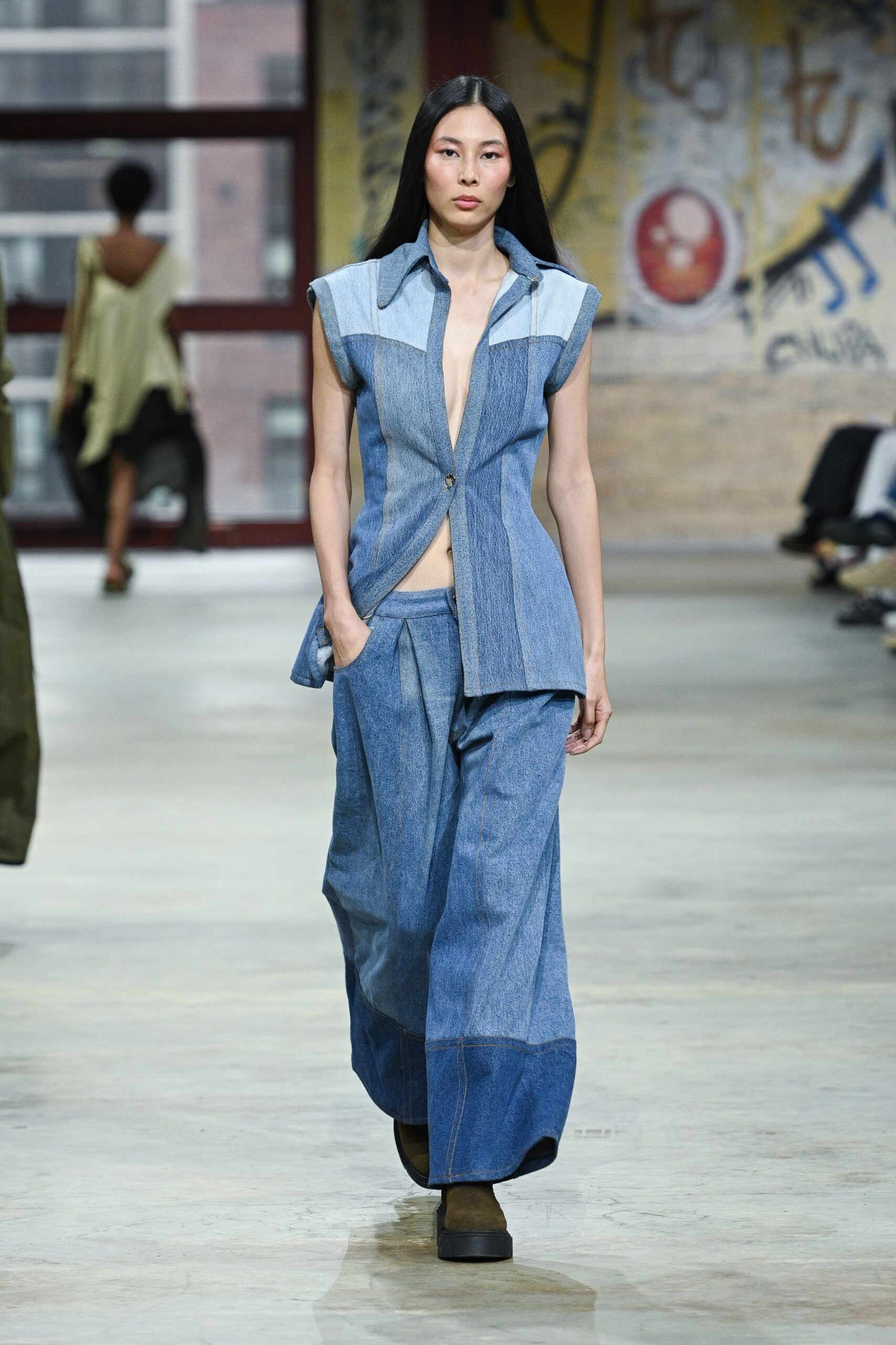 blue denim short-sleeve v-neck relaxed buttoned layered top