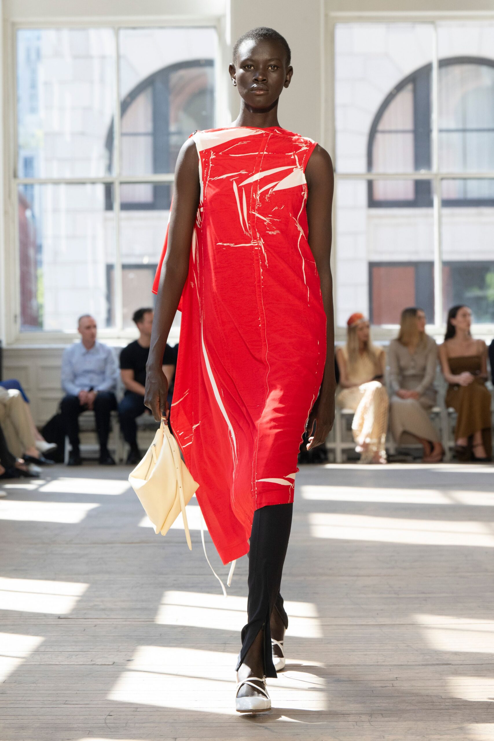 red silk asymmetric midi dress
