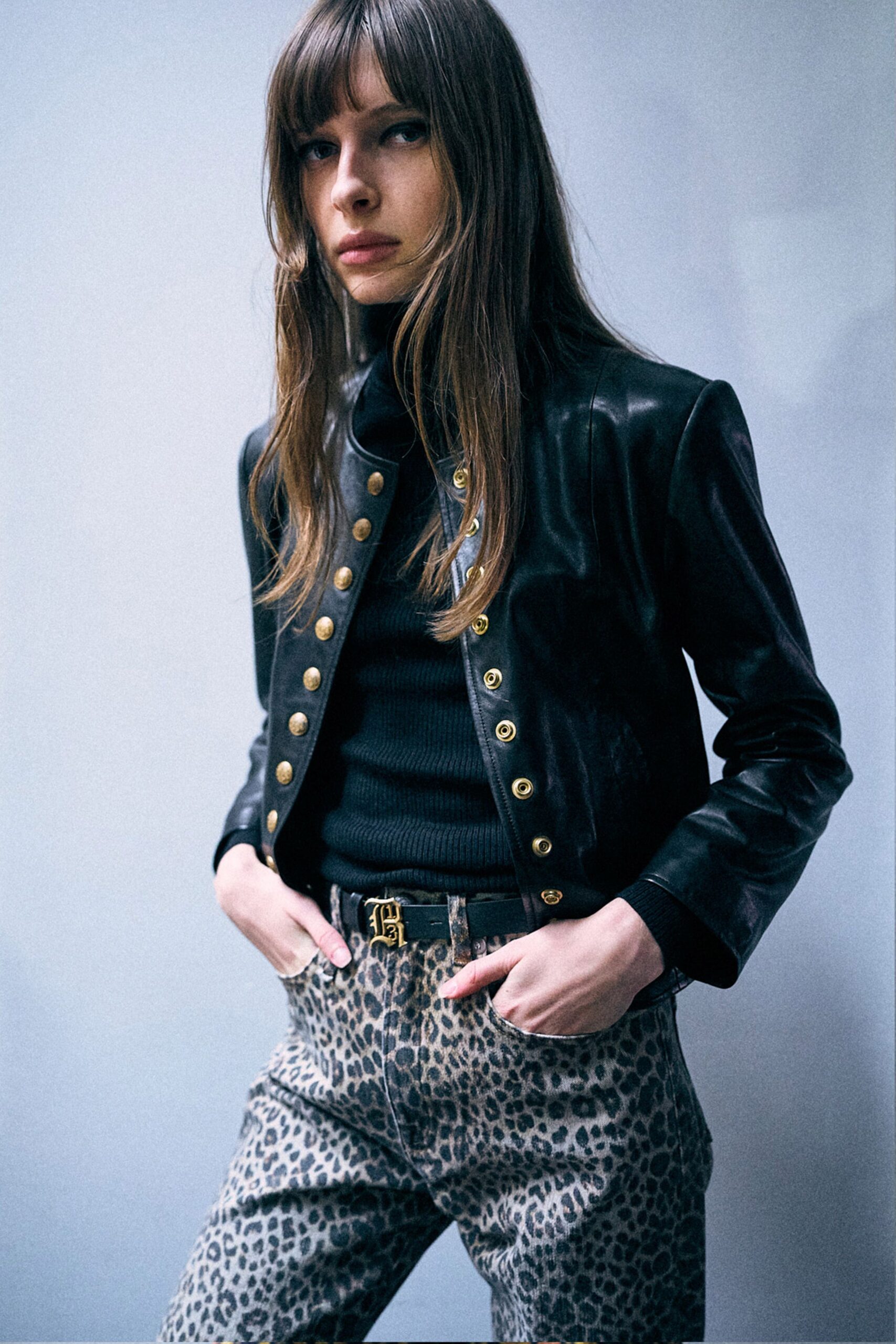 beige cotton slim animal-print pants