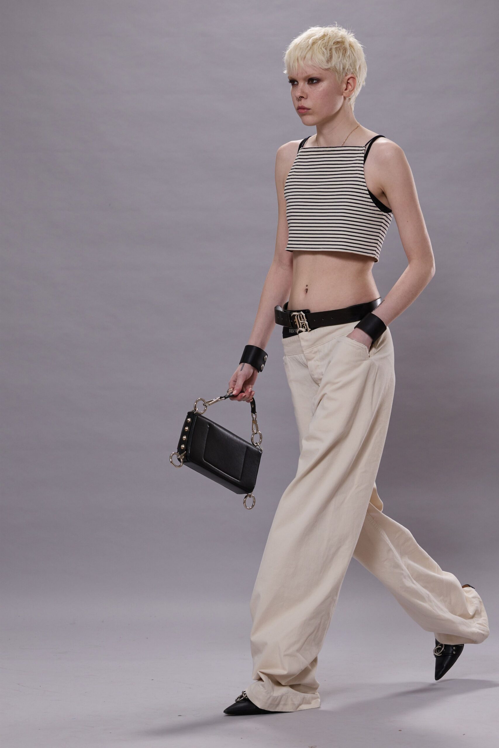 striped crop-top with relaxed pants