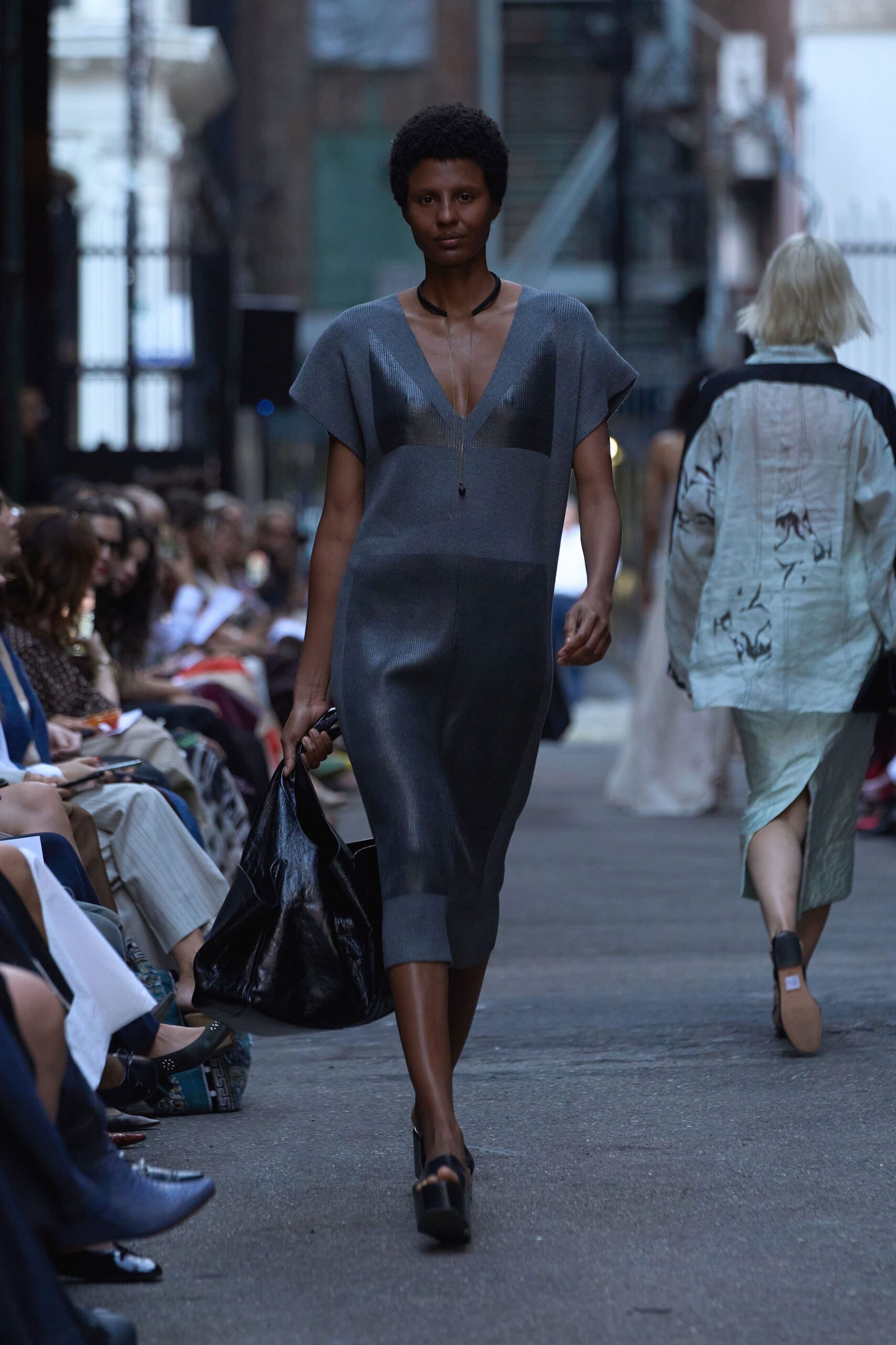 gray fitted midi dress