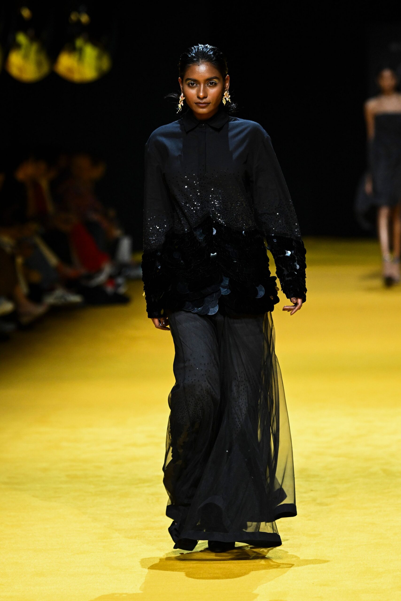 black silk fitted wide-leg sheer pants