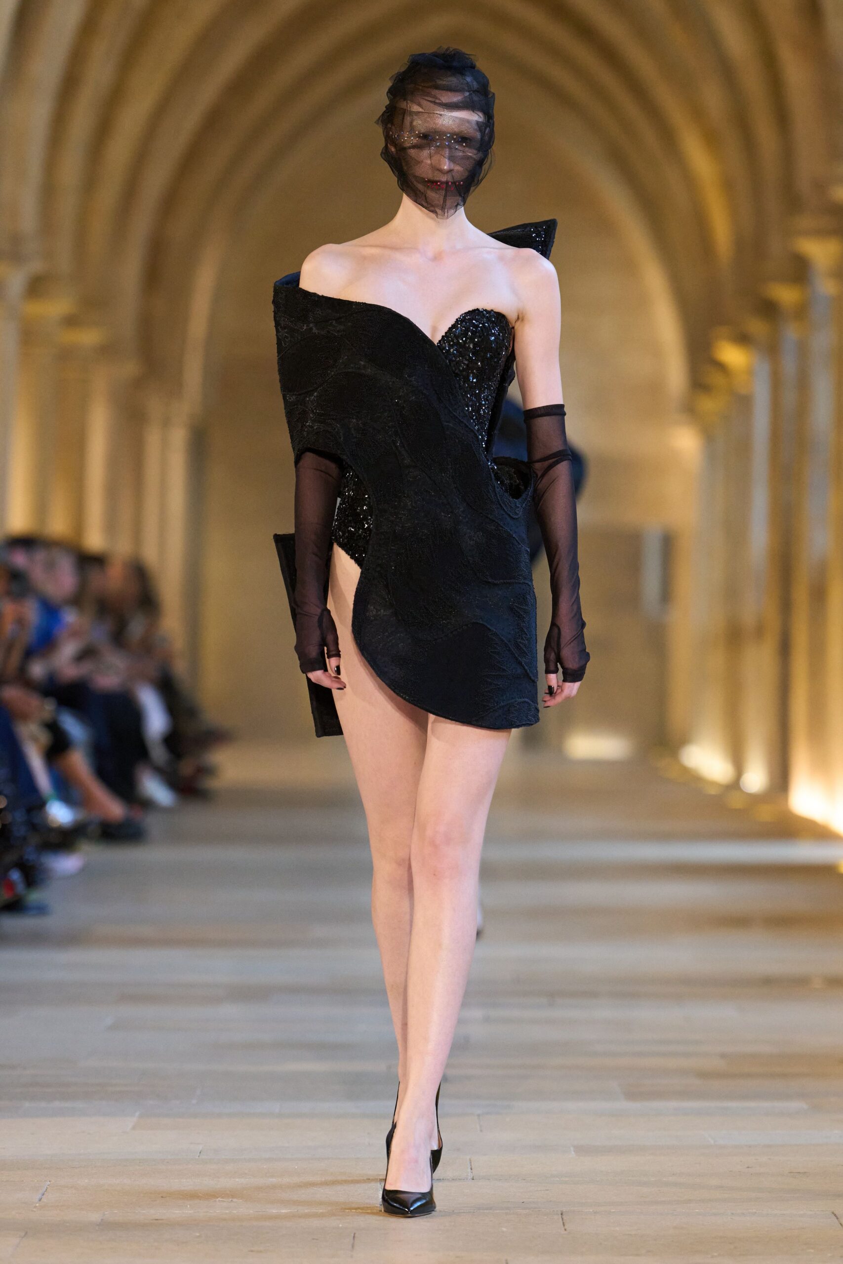black mini dress with gloves
