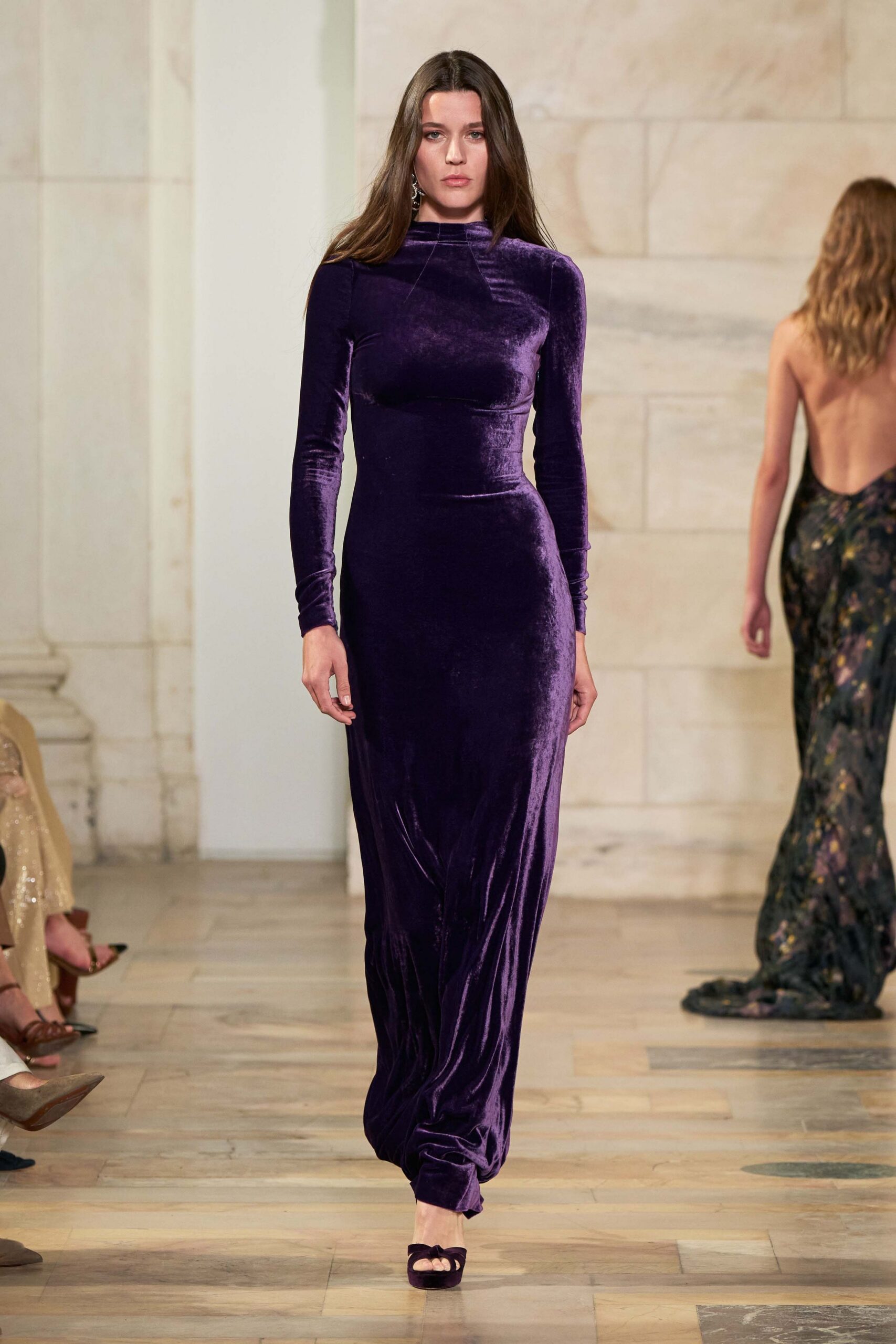 purple velvet long-sleeve high-neck fitted draped maxi gown