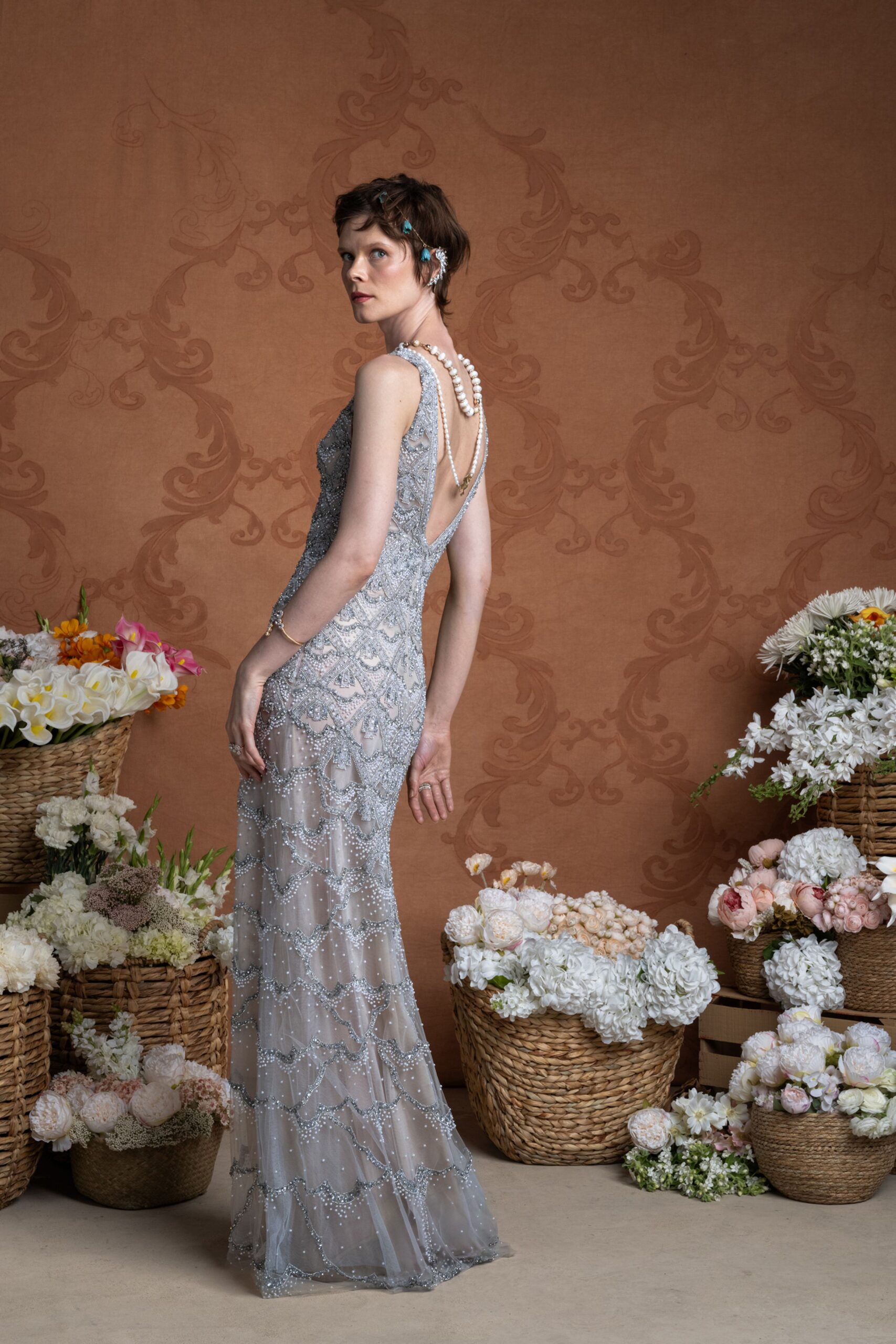 gray silk embroidered gown