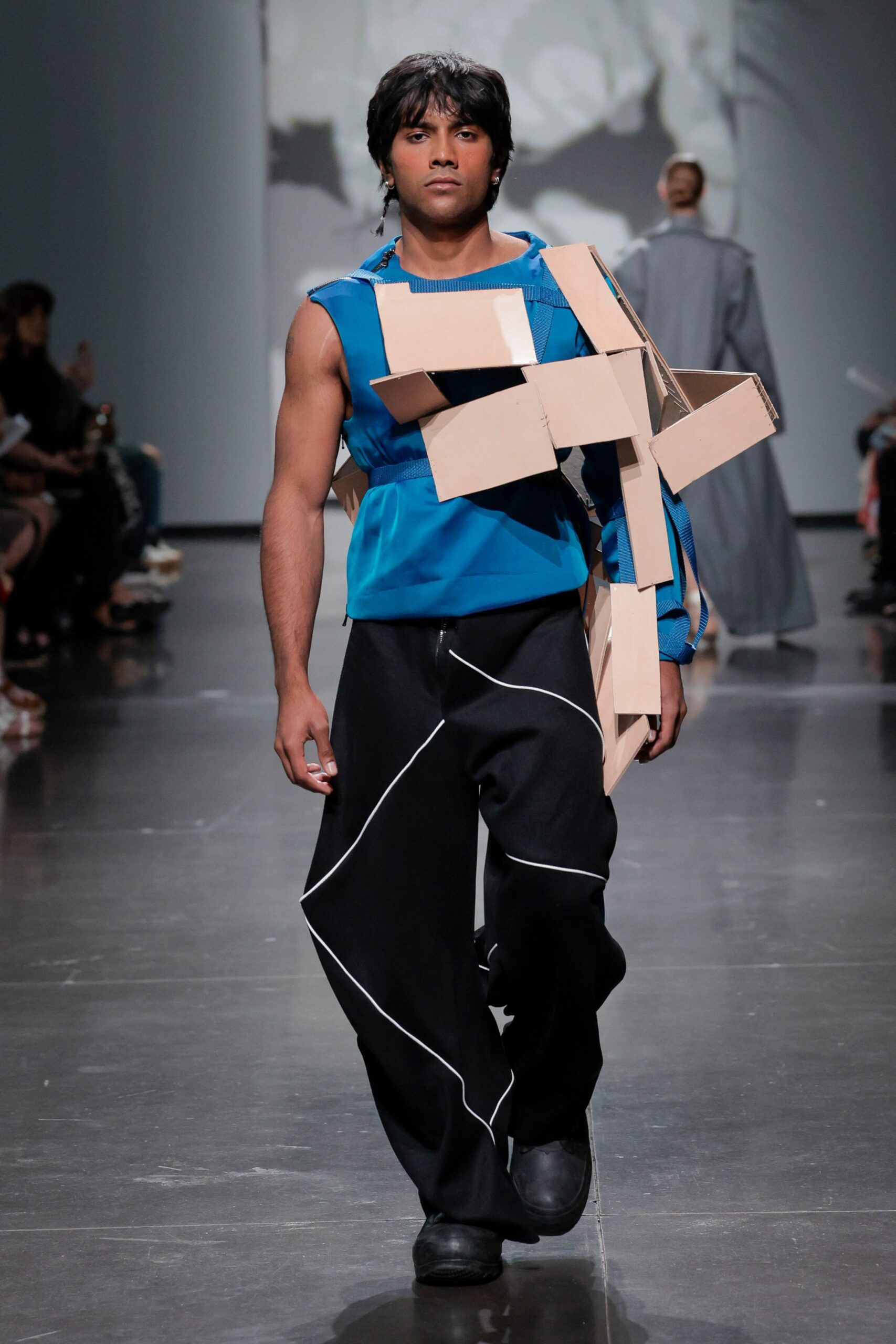 blue sleeveless top with wide-leg pants