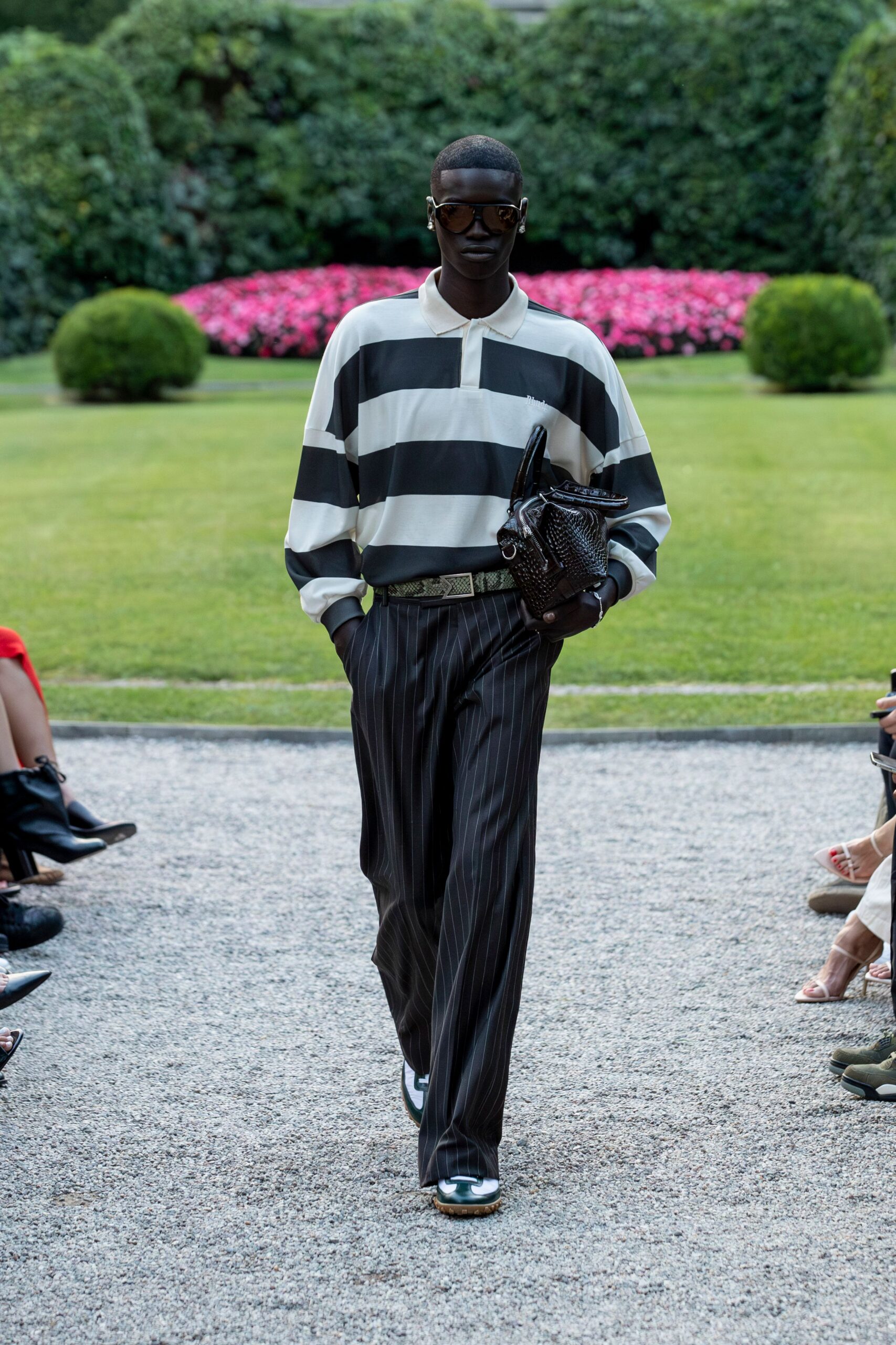 relaxed striped shirt with tailored pants
