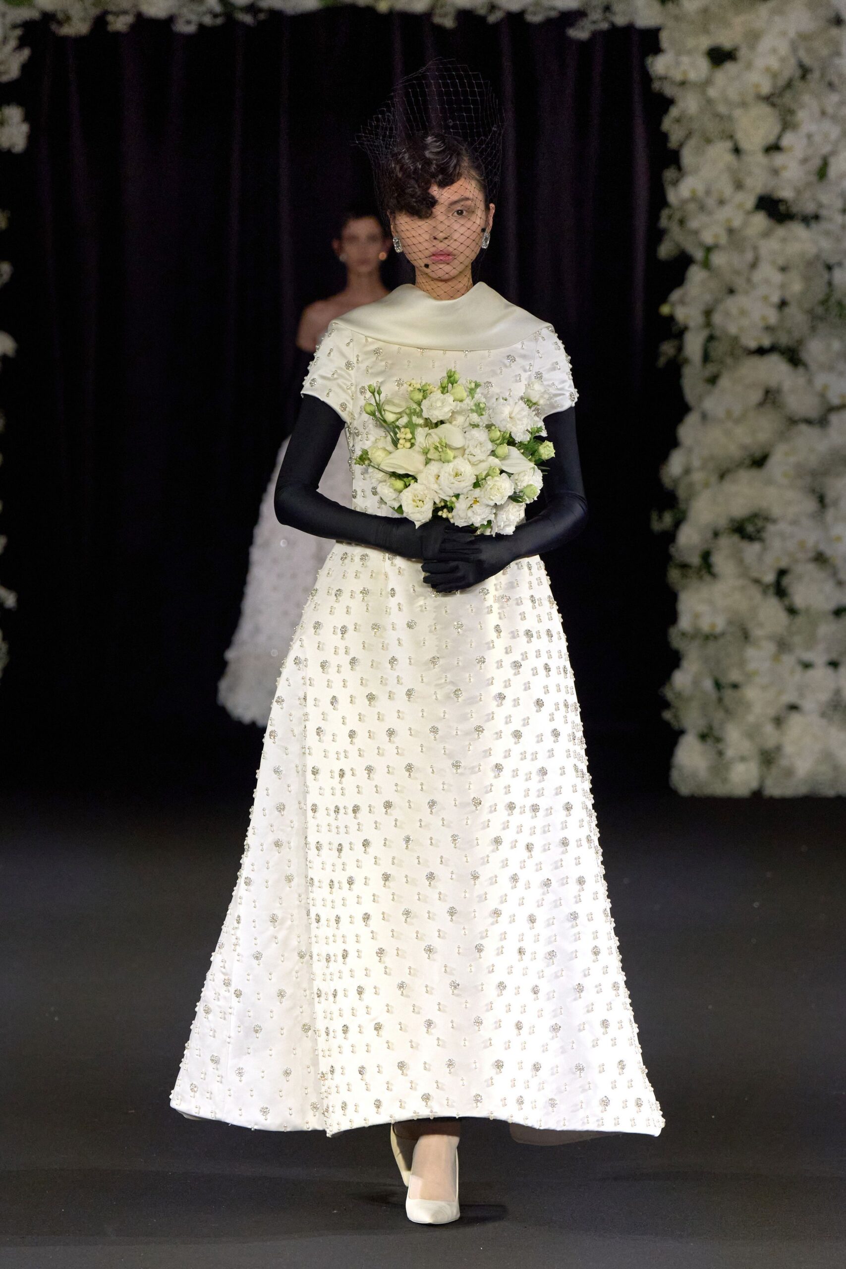 white silk short-sleeve high-neck fitted beaded maxi gown