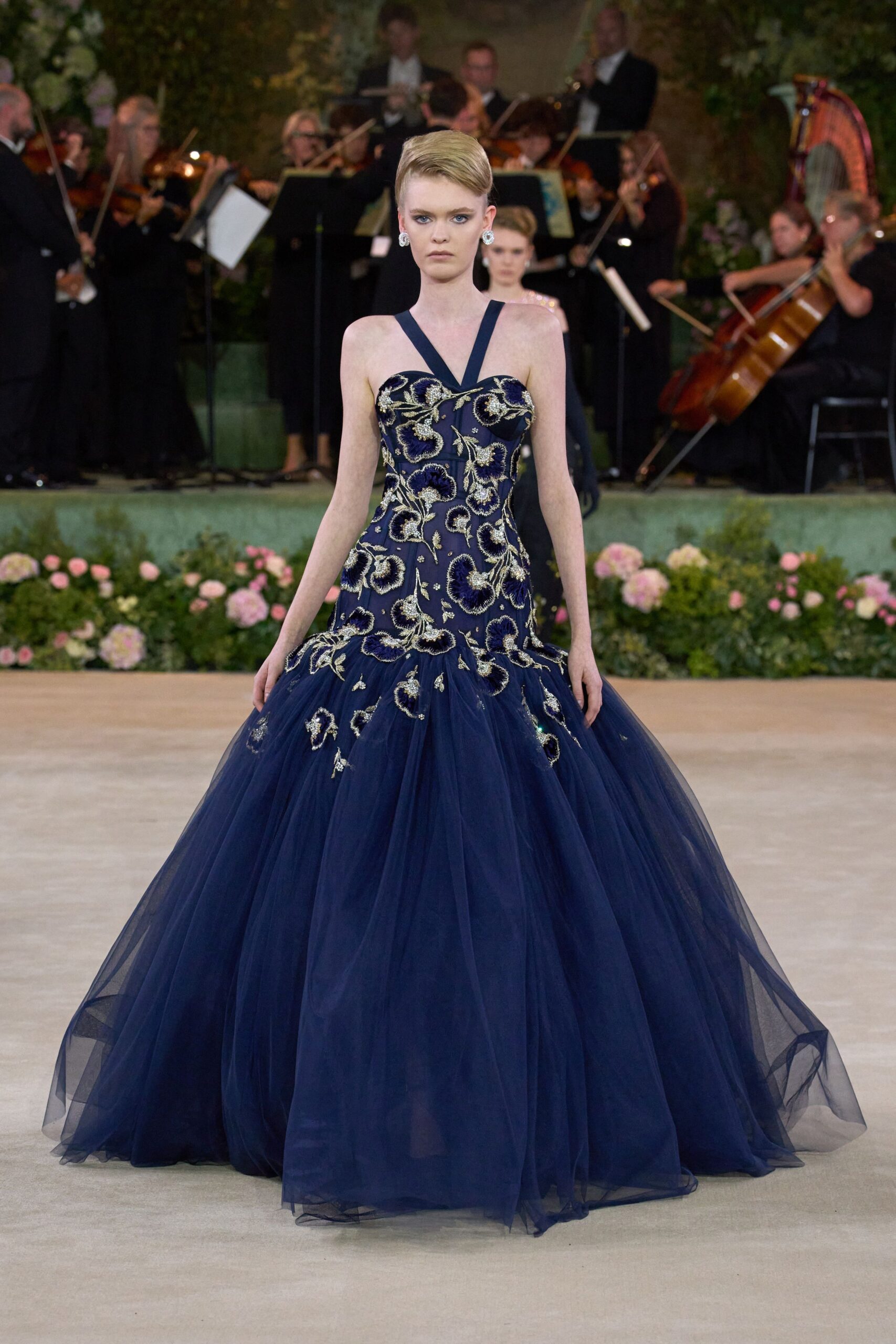navy embroidered sleeveless gown