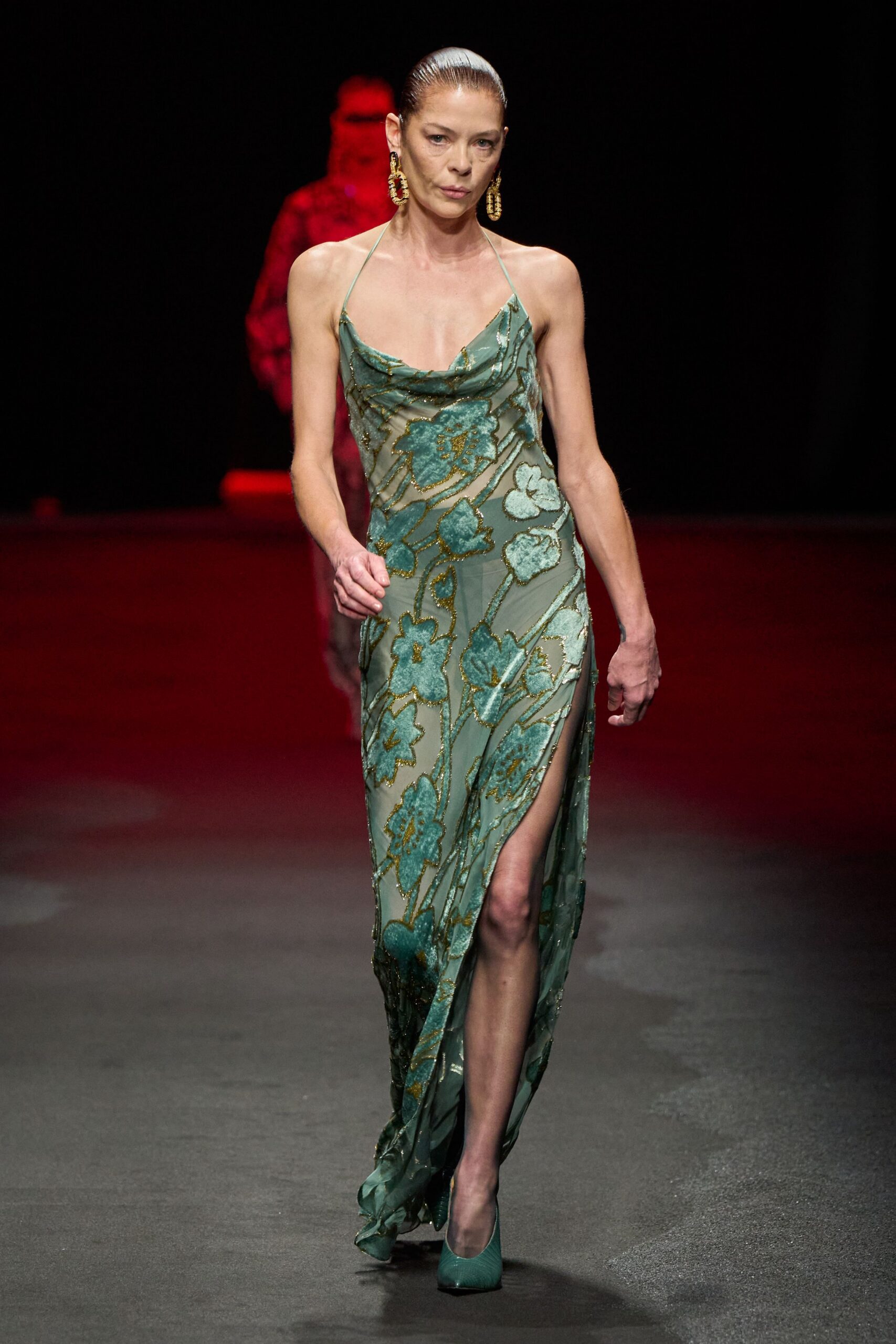 green silk sleeveless v-neck fitted floral flowing gown
