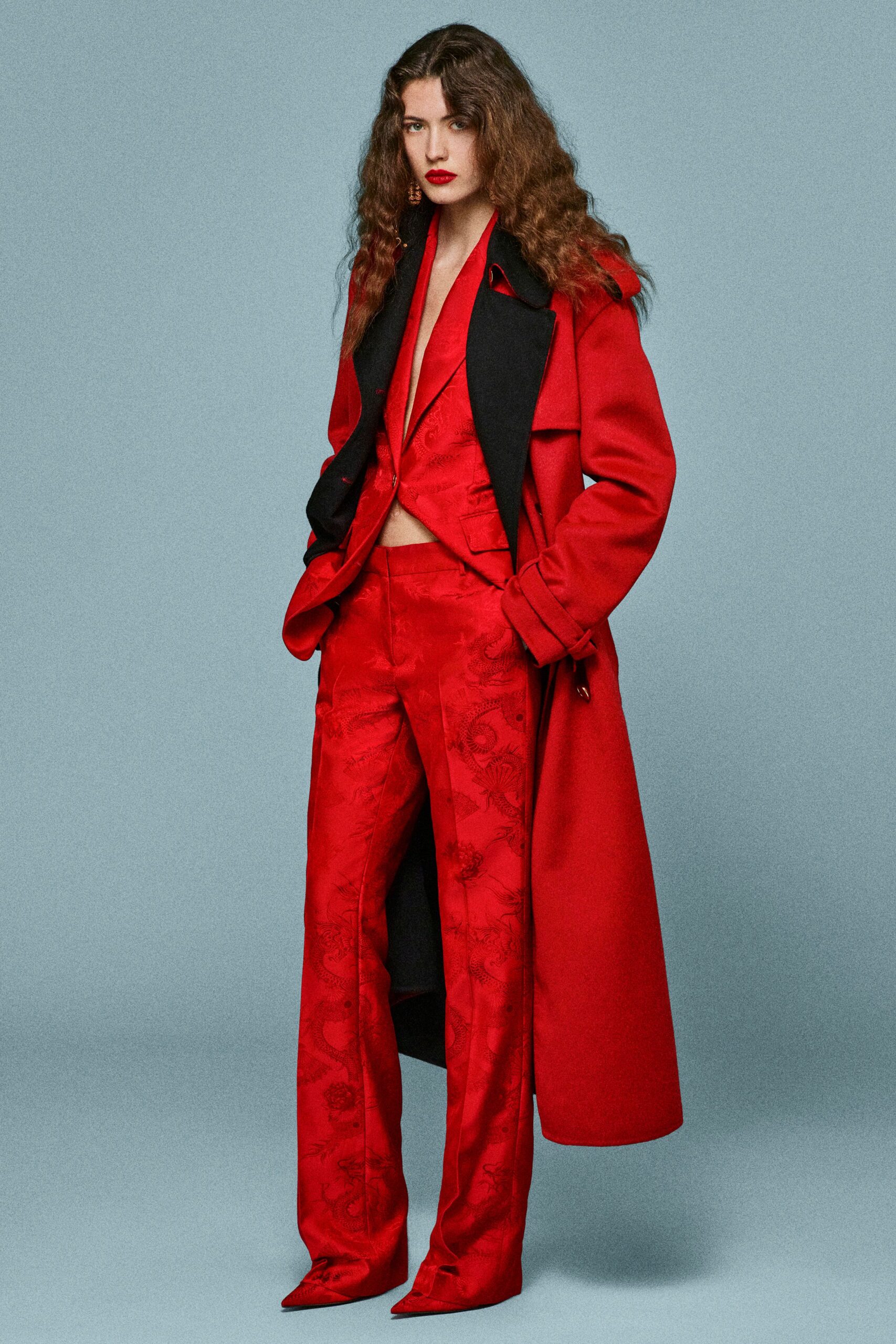red wool slim straight-leg pants