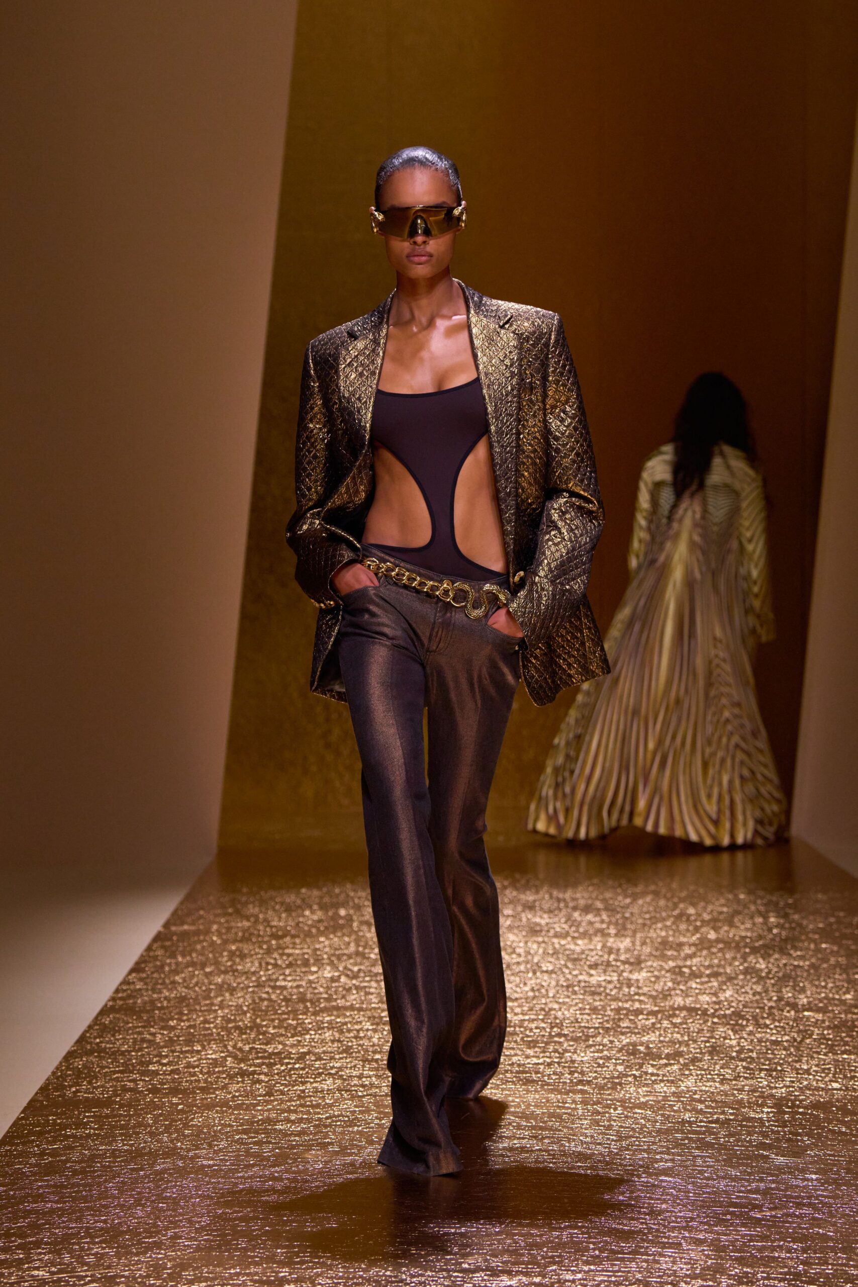 gold silk slim straight-leg shiny pants