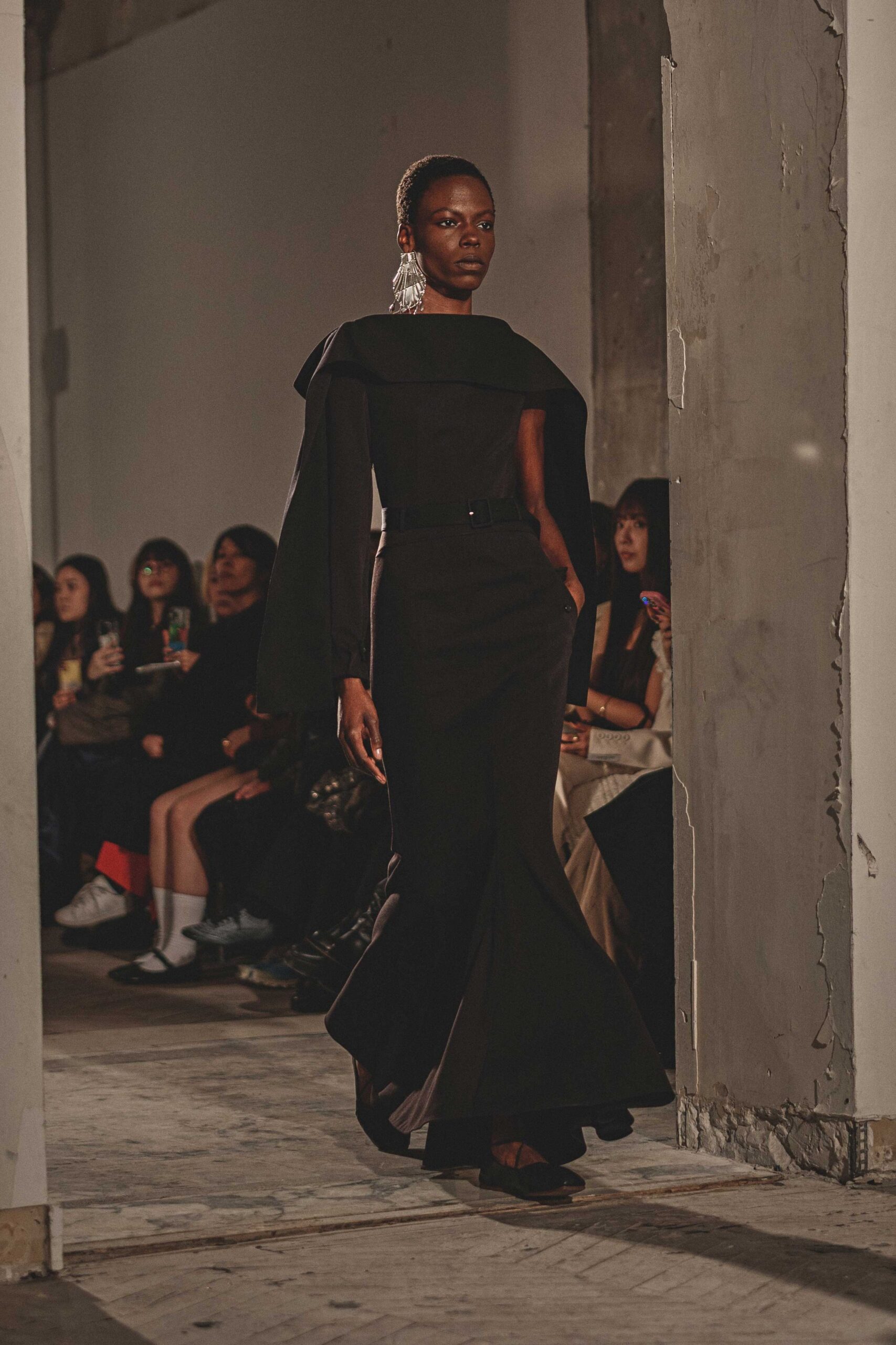 black silk long-sleeve off-shoulder fitted flared maxi gown