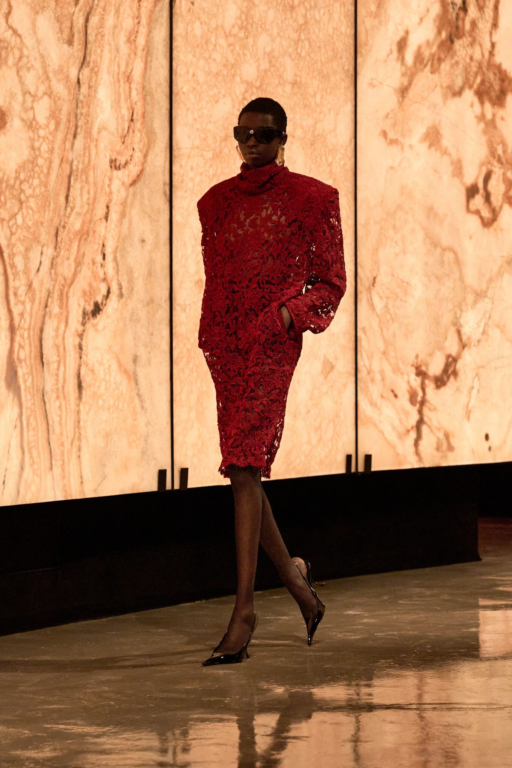 red lace long-sleeve high-neck fitted embroidered midi dress