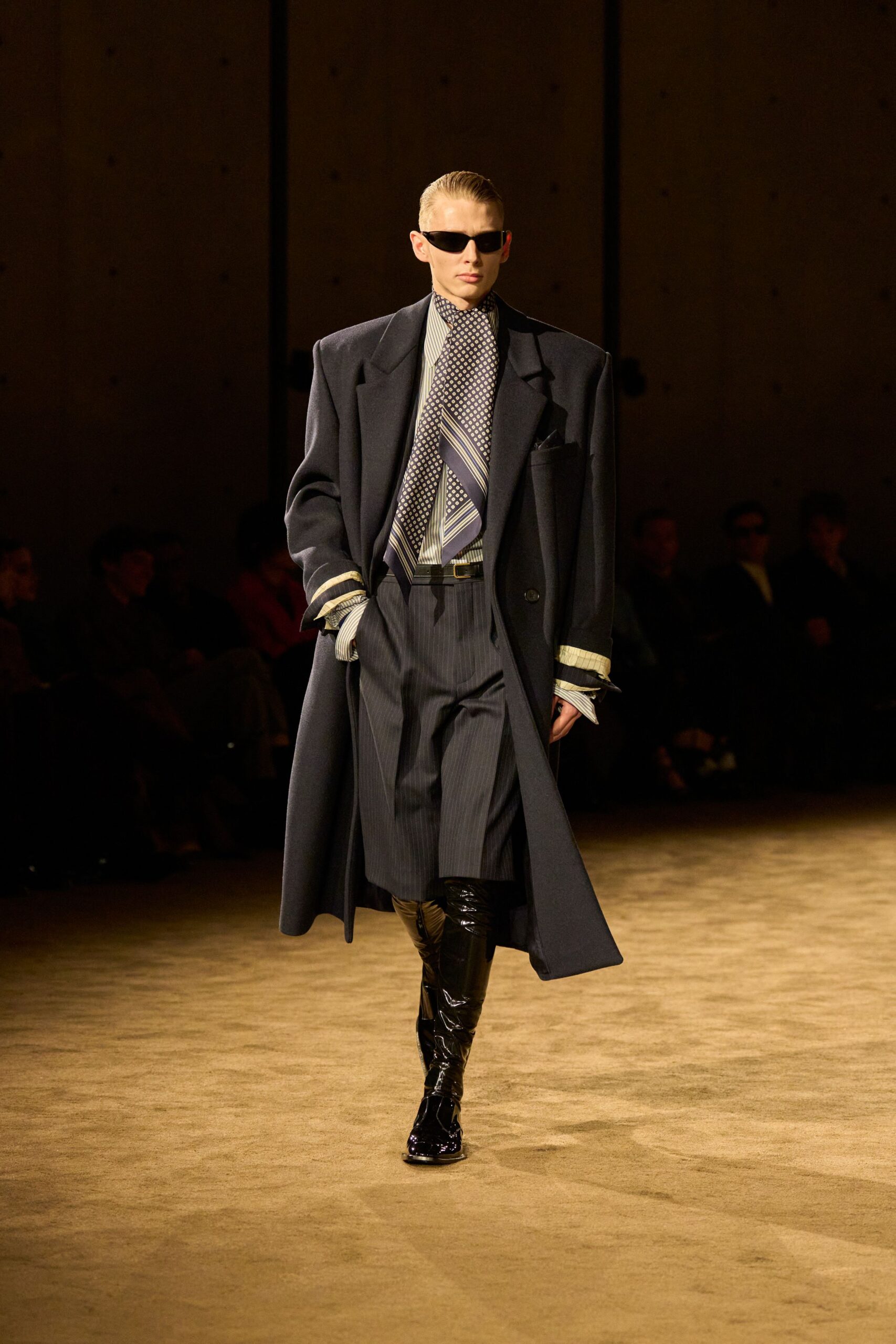 black wool coat with striped shirt