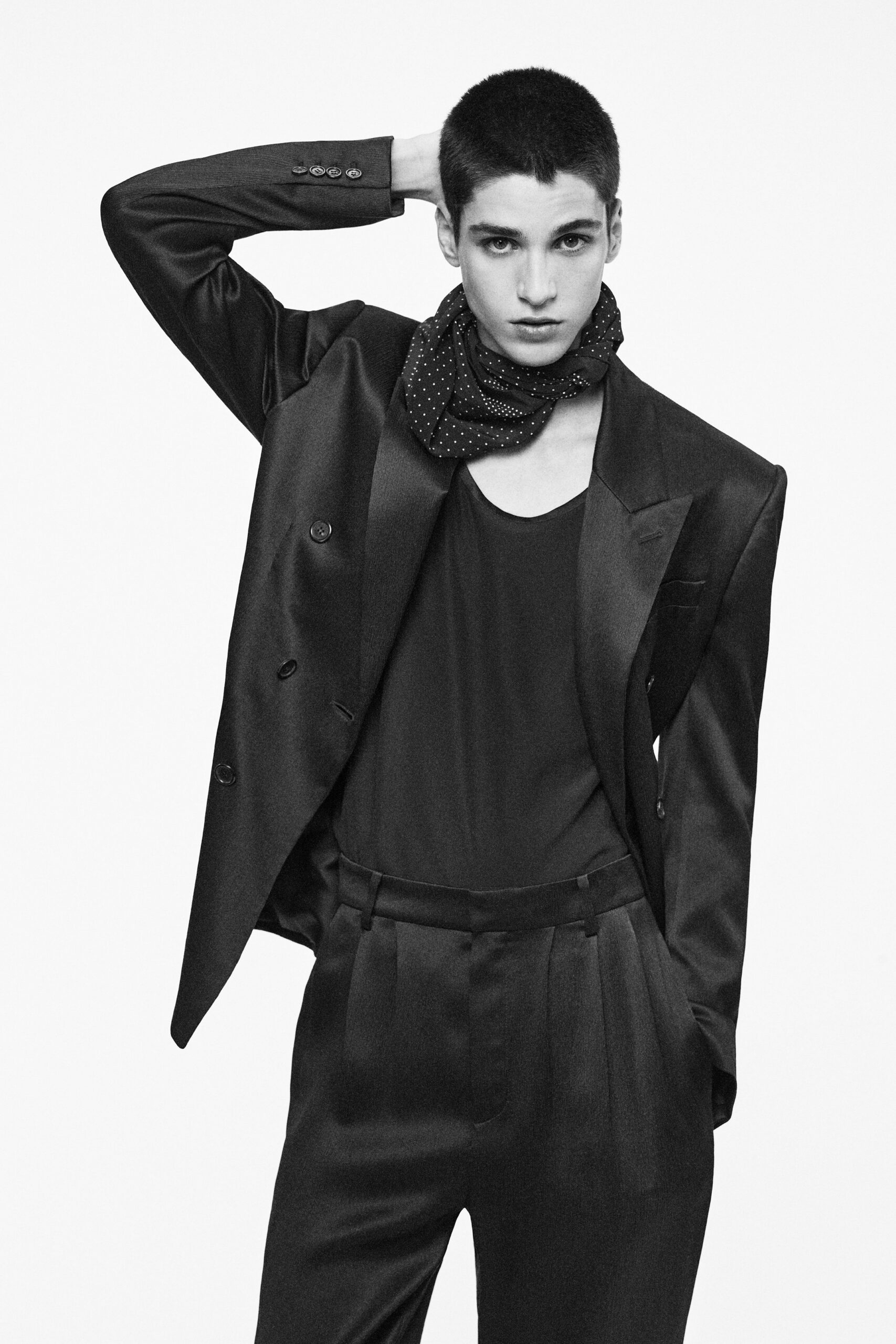 black silk long-sleeve collared structured blazer