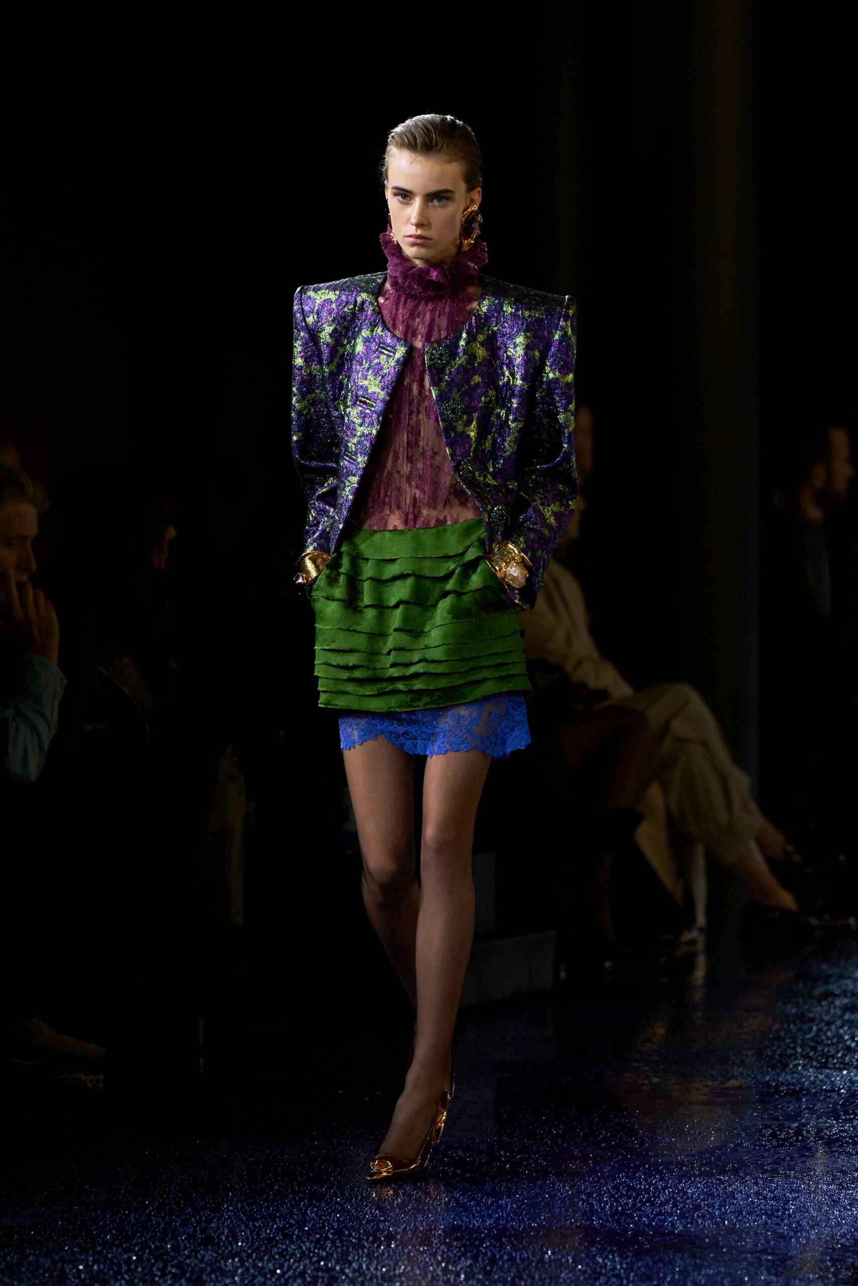 purple silk long-sleeve collared structured embroidered jacket