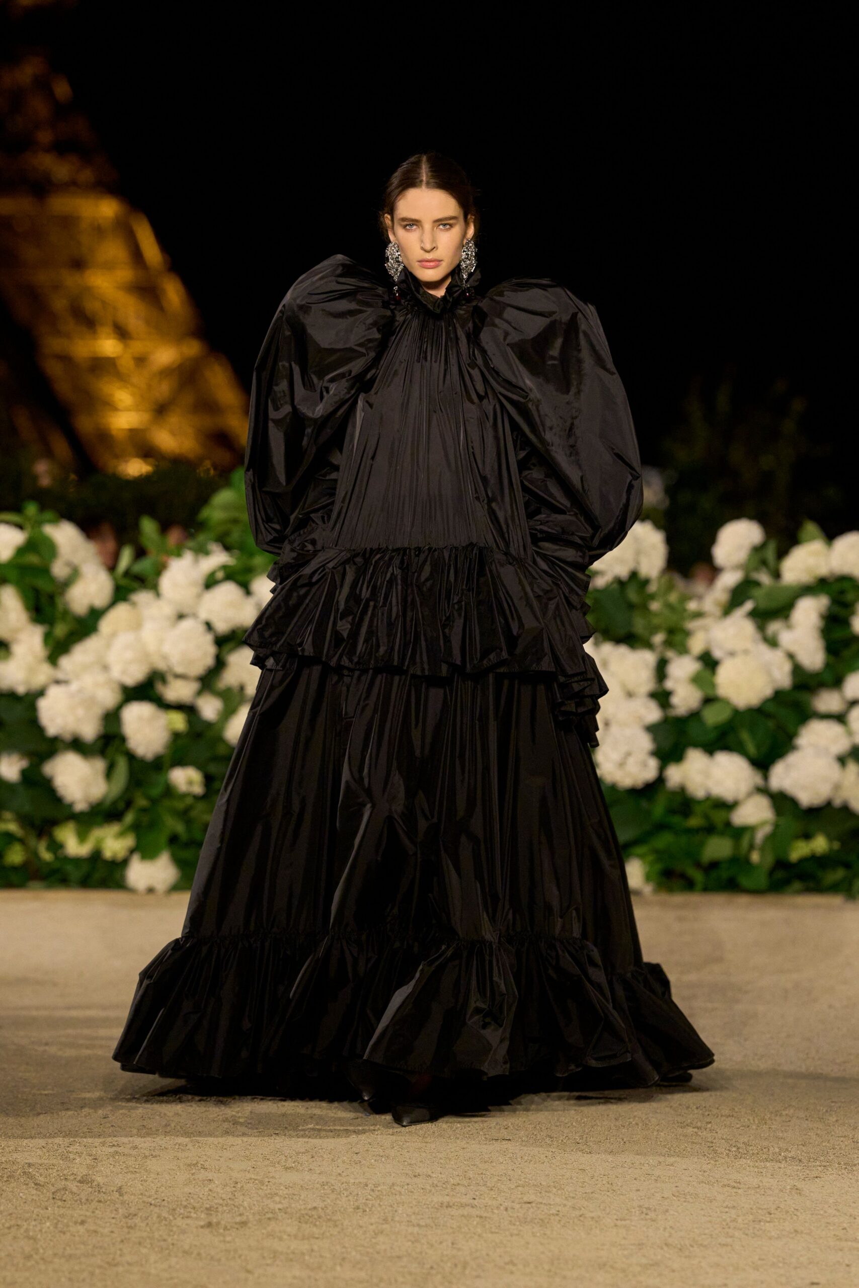 black silk ruffled gown