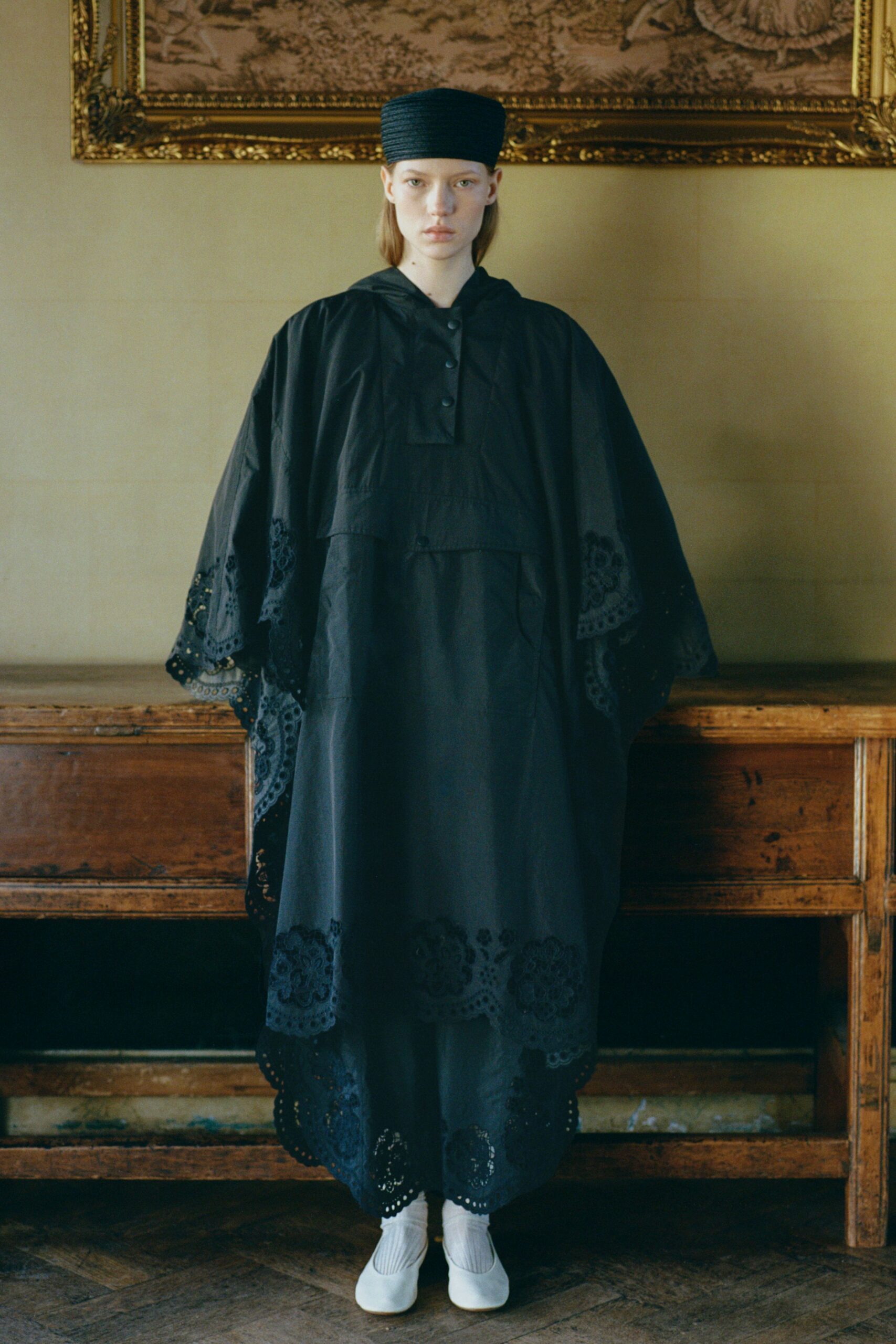 black cotton long-sleeve collared relaxed embroidered poncho