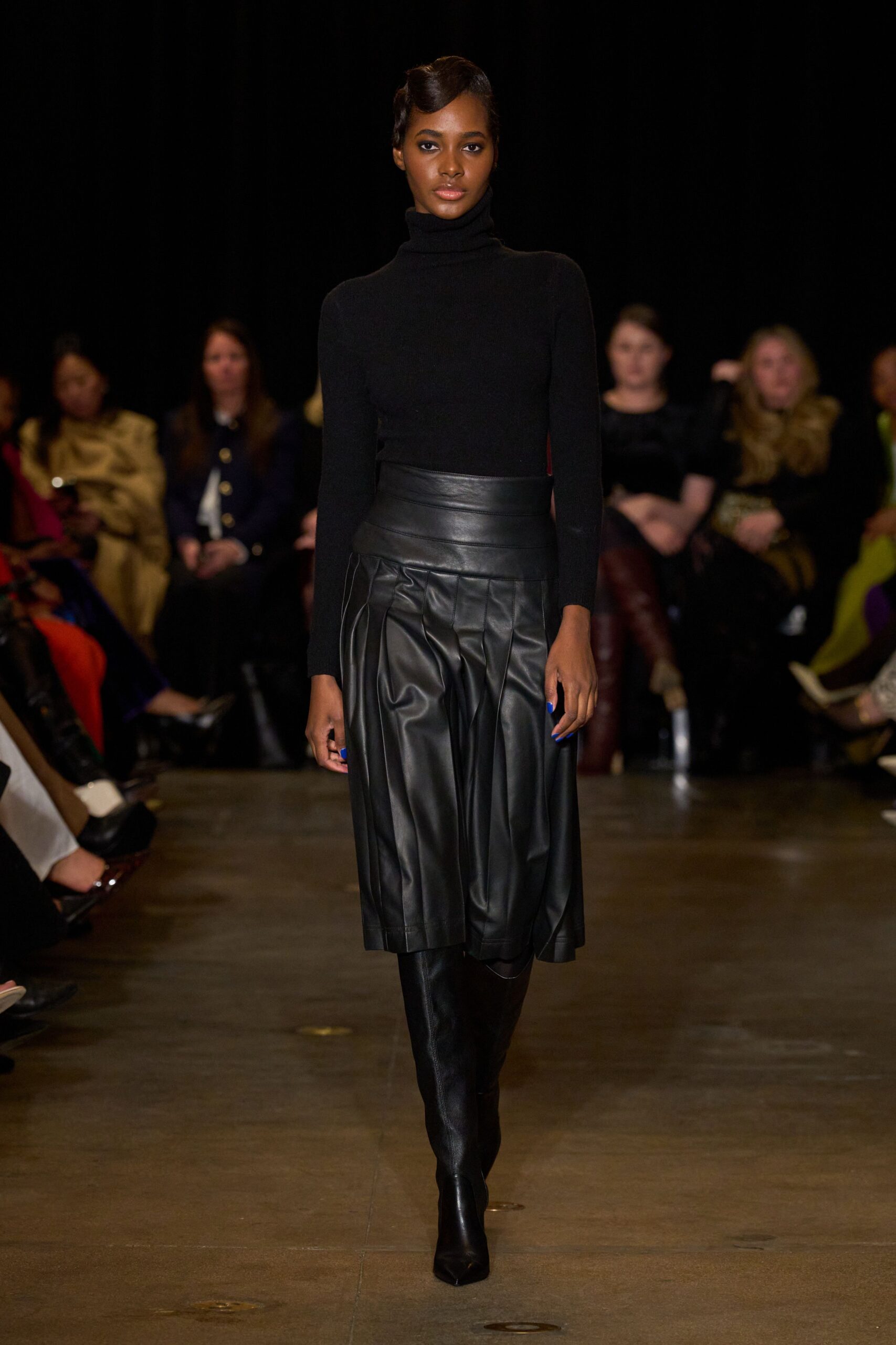 black leather fitted pleated midi skirt