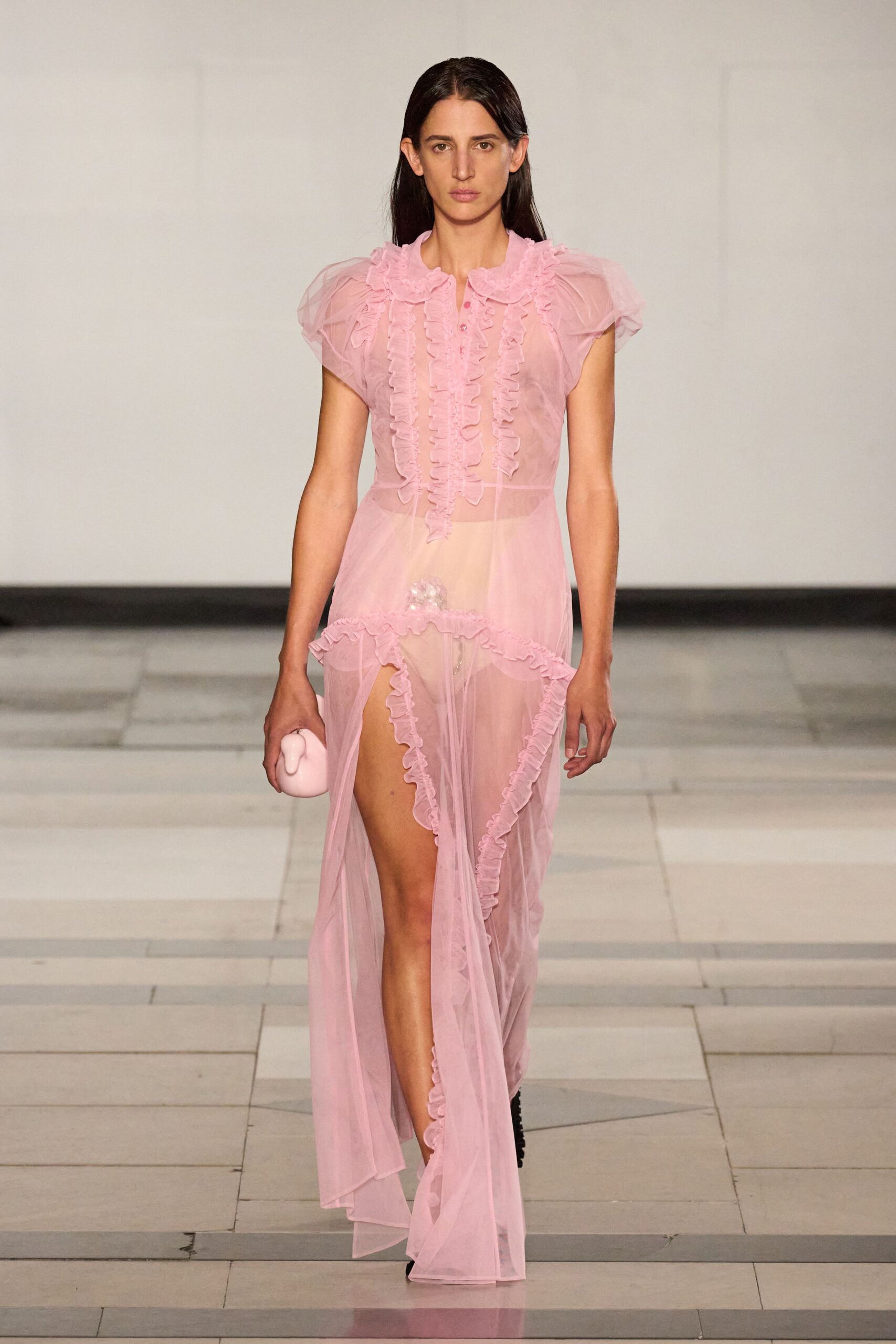pink sheer ruffled maxi dress