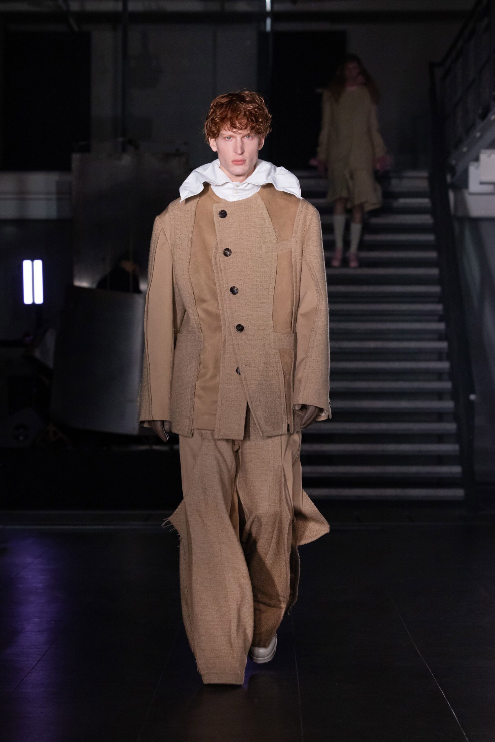 beige wool long-sleeve collared oversized buttoned jacket