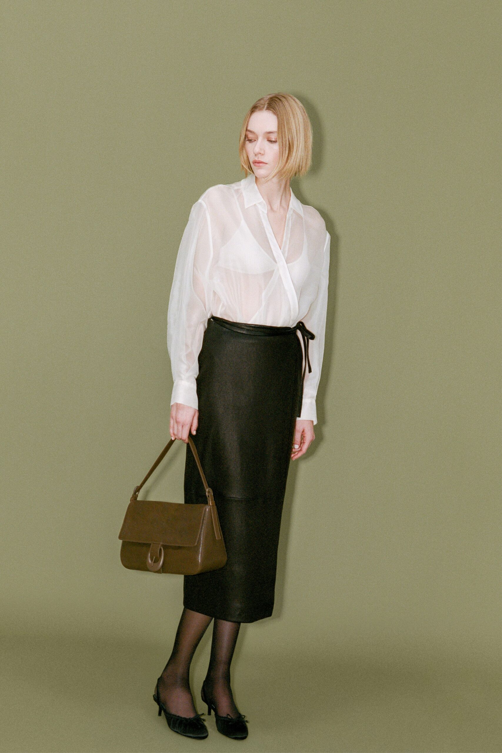 white silk blouse black leather skirt