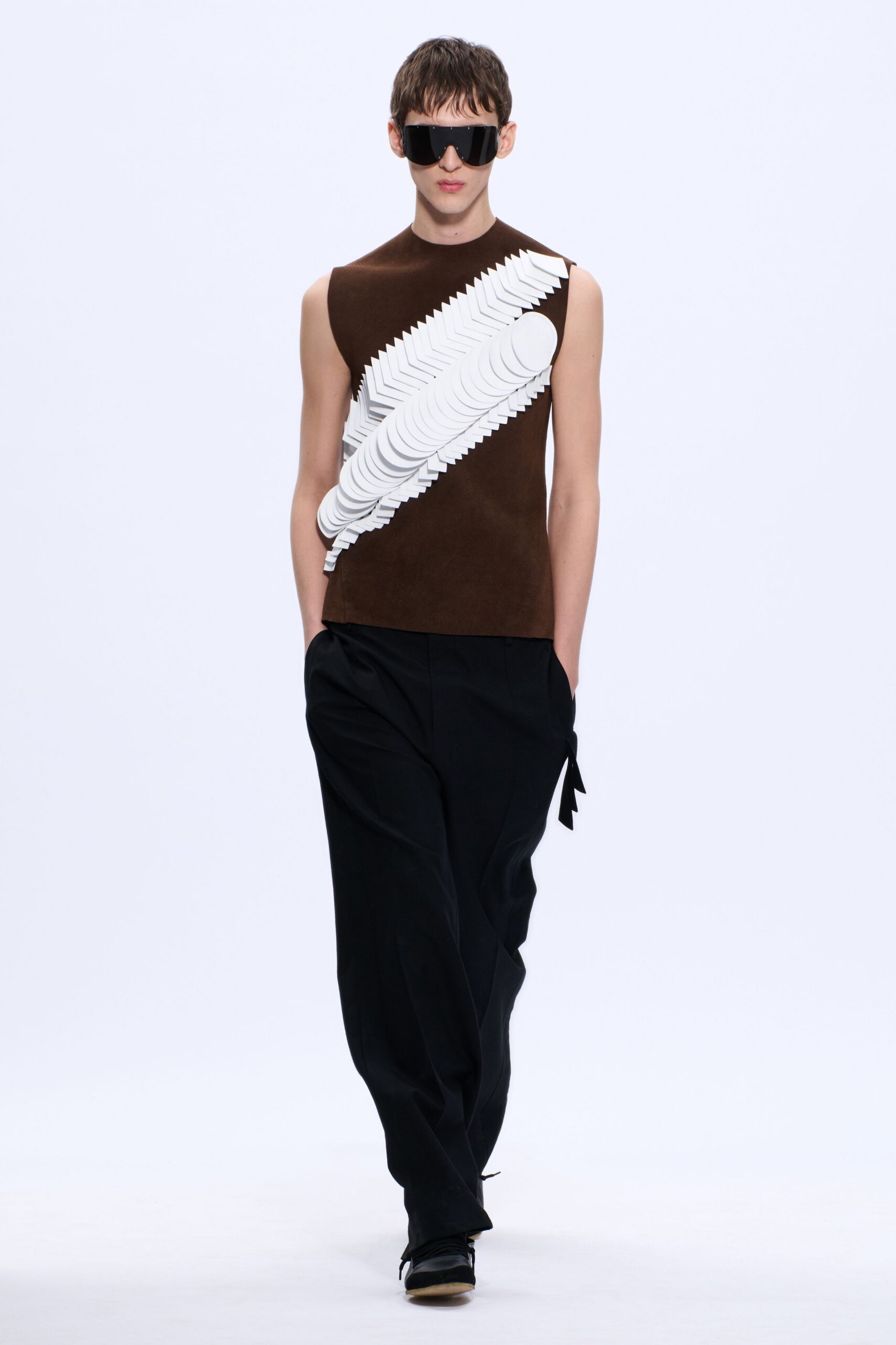 brown suede sleeveless high-neck fitted embellished top