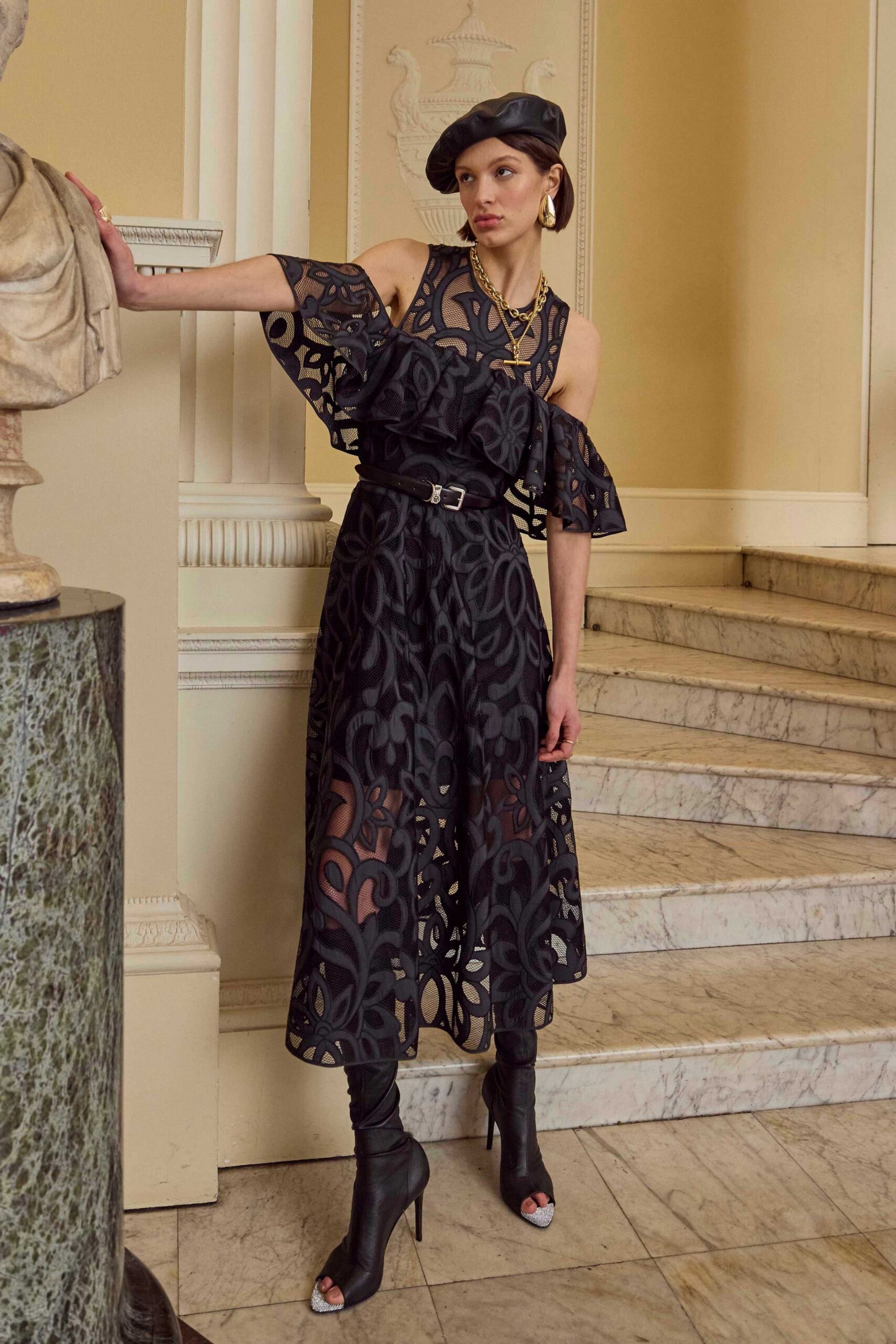 black lace sleeveless off-shoulder fitted embroidered tiered dress