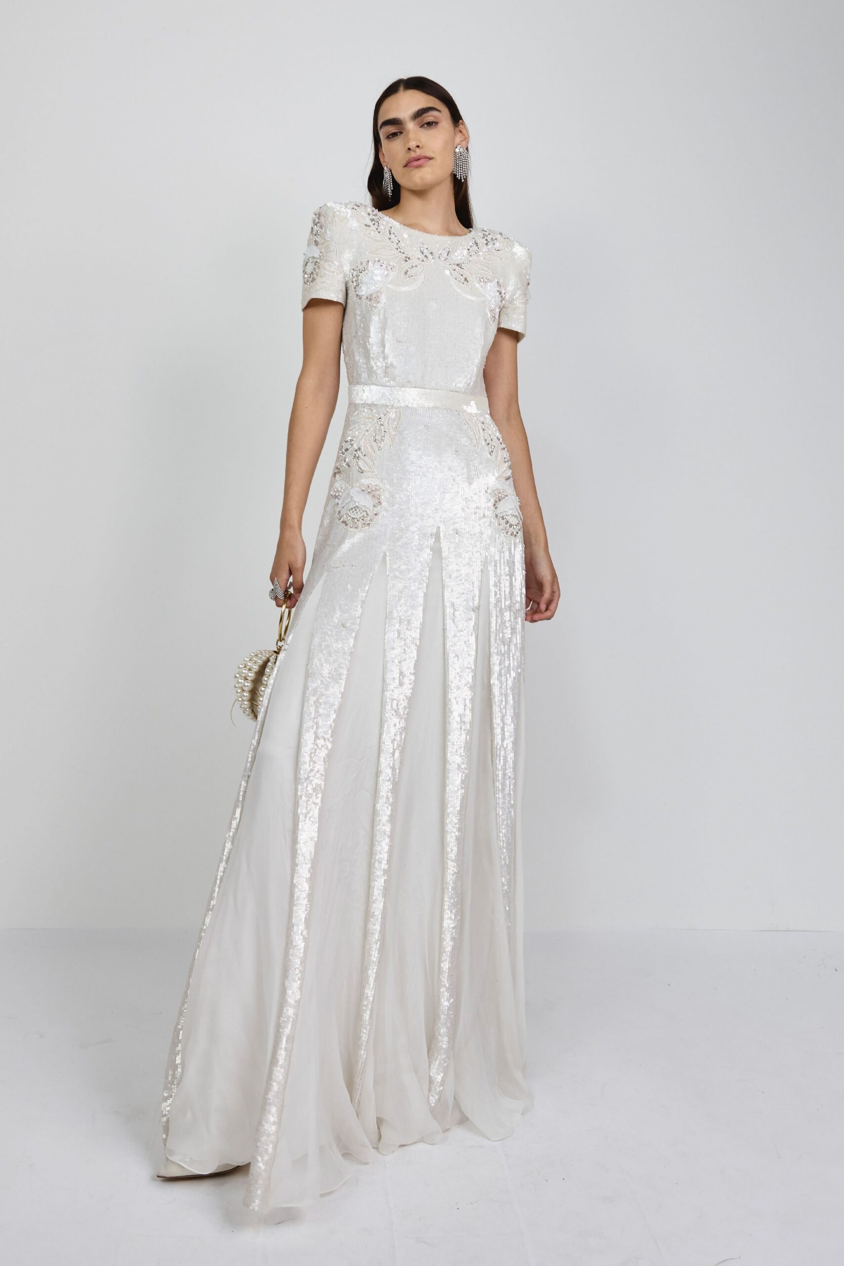 white sequin short-sleeve v-neck fitted pleated embroidered gown