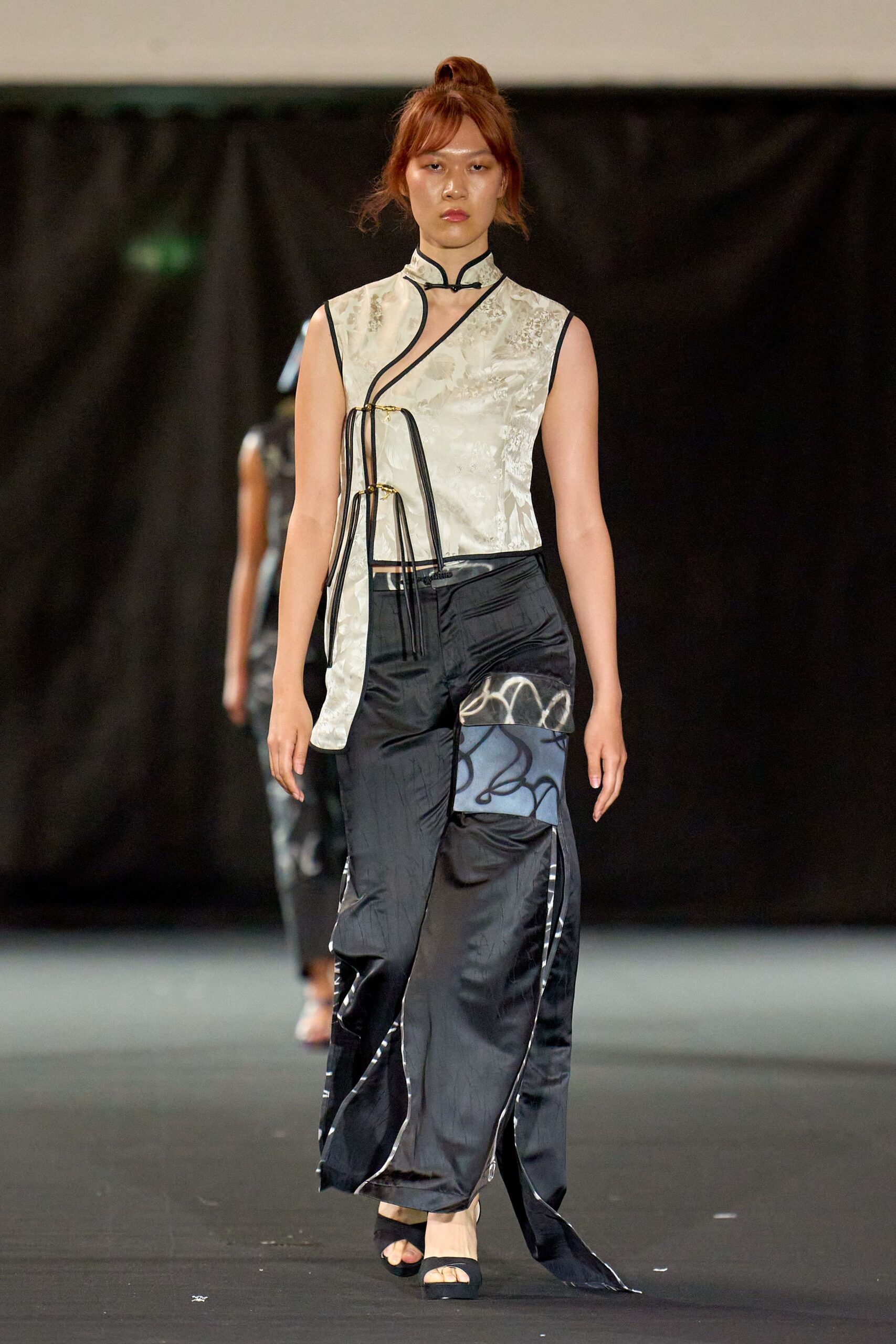 black silk relaxed flared printed pants