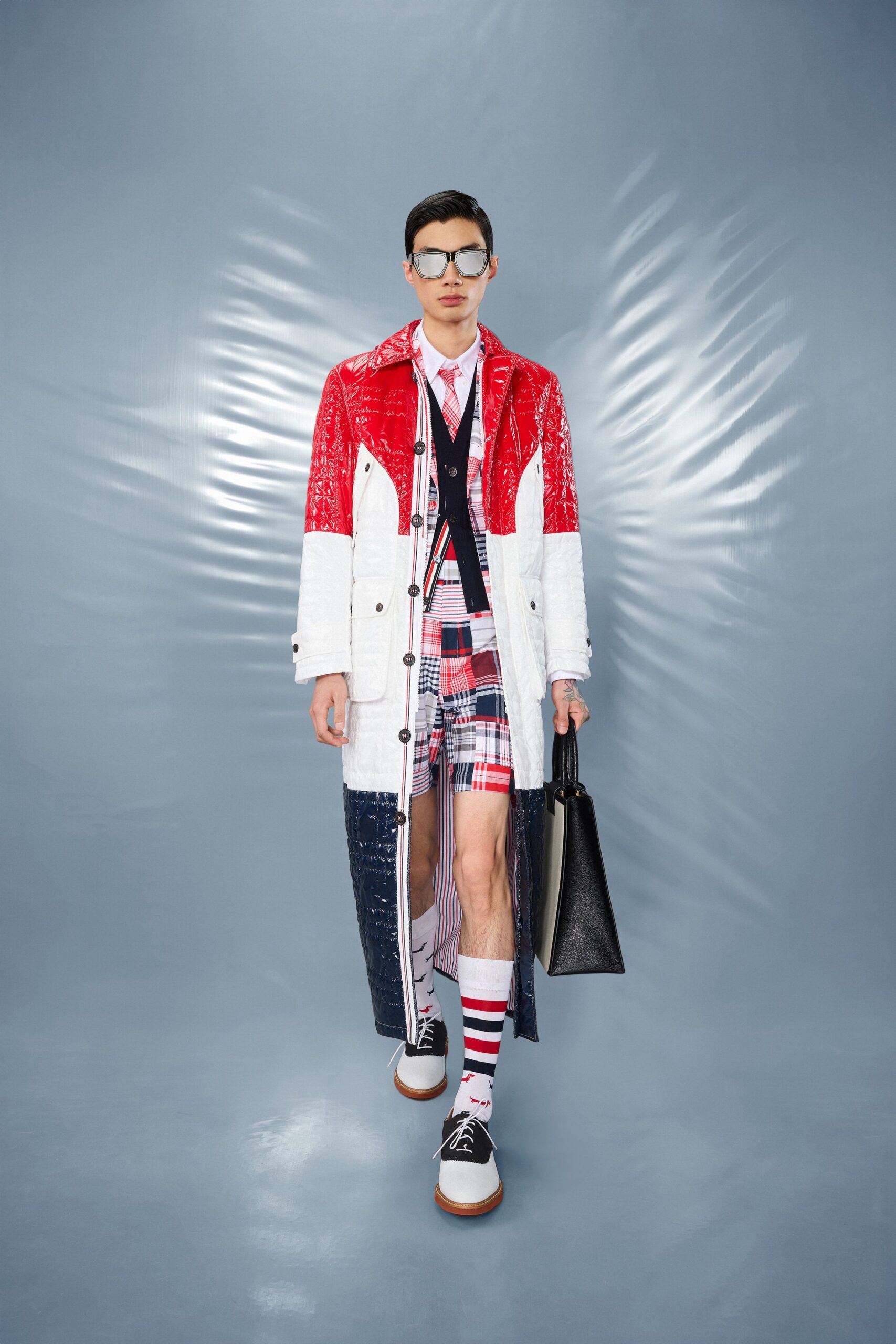 white vinyl long-sleeve collared relaxed color-blocked maxi coat