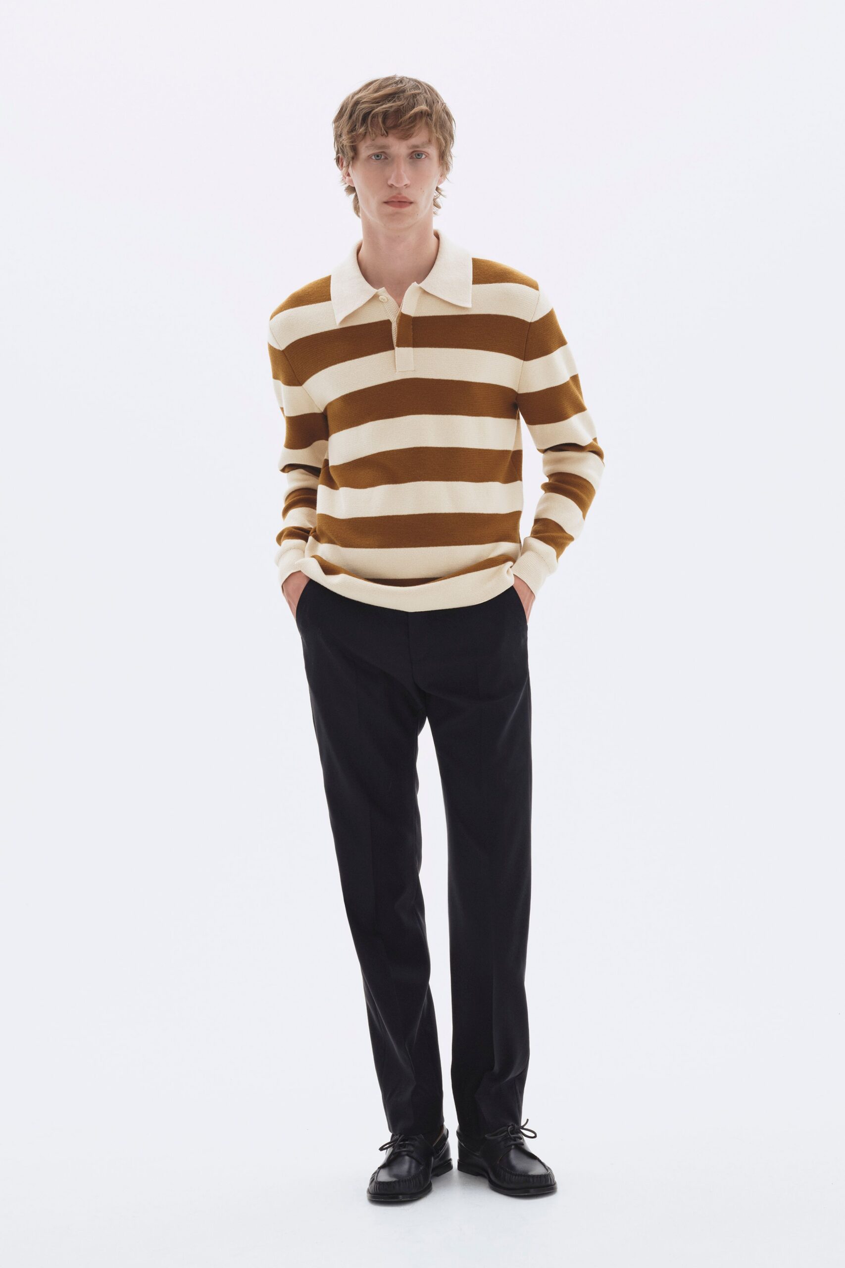 brown striped shirt black pants