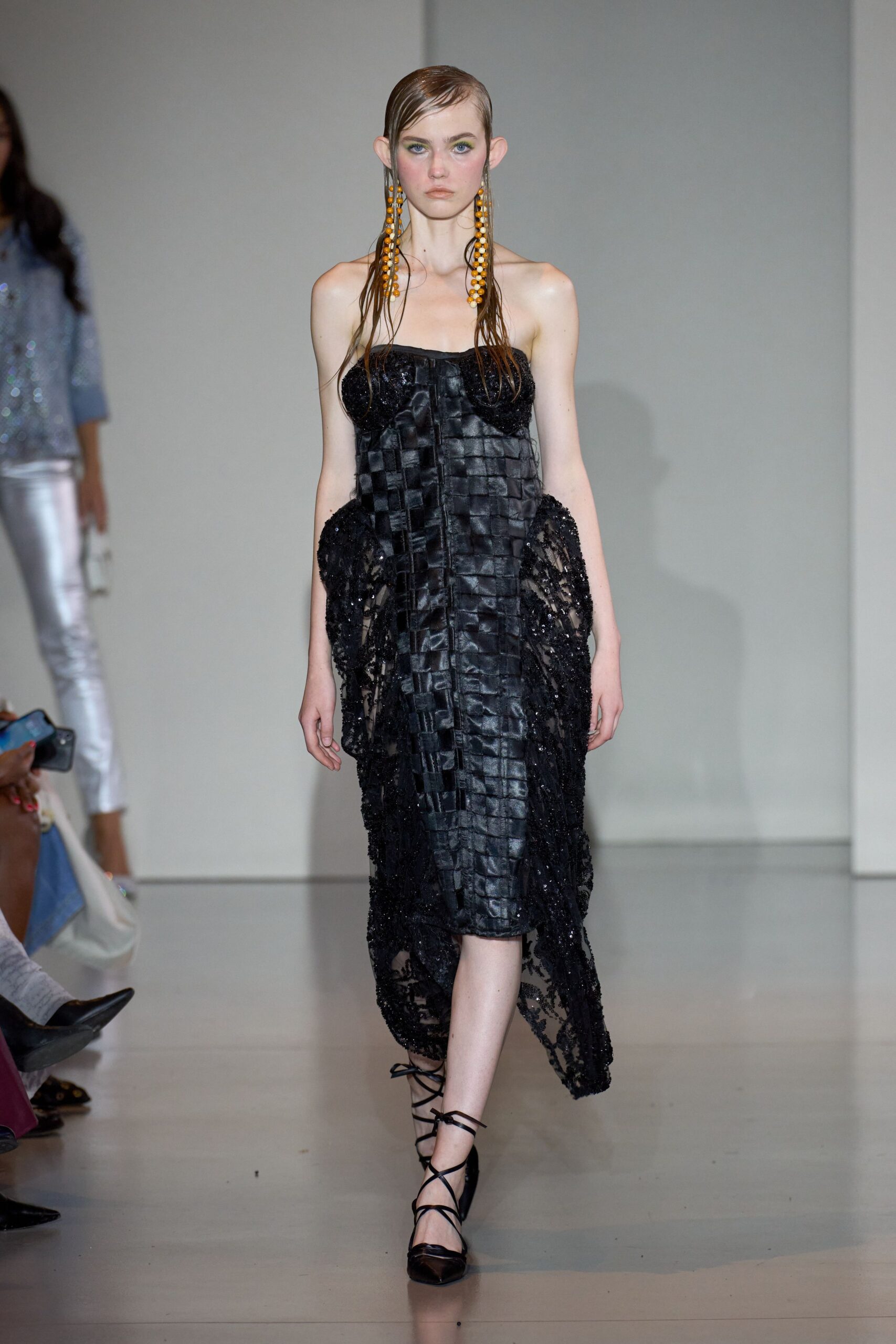black silk strapless fitted pleated draped midi dress