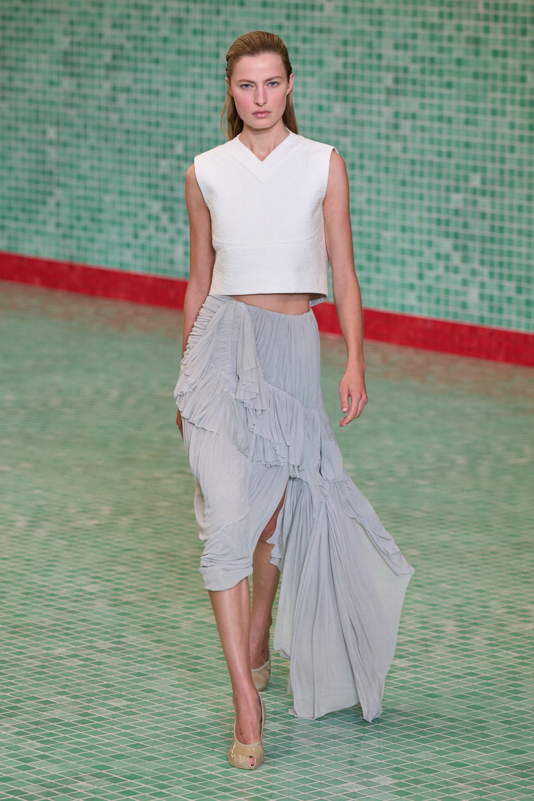 gray silk asymmetric relaxed draped flowing midi skirt