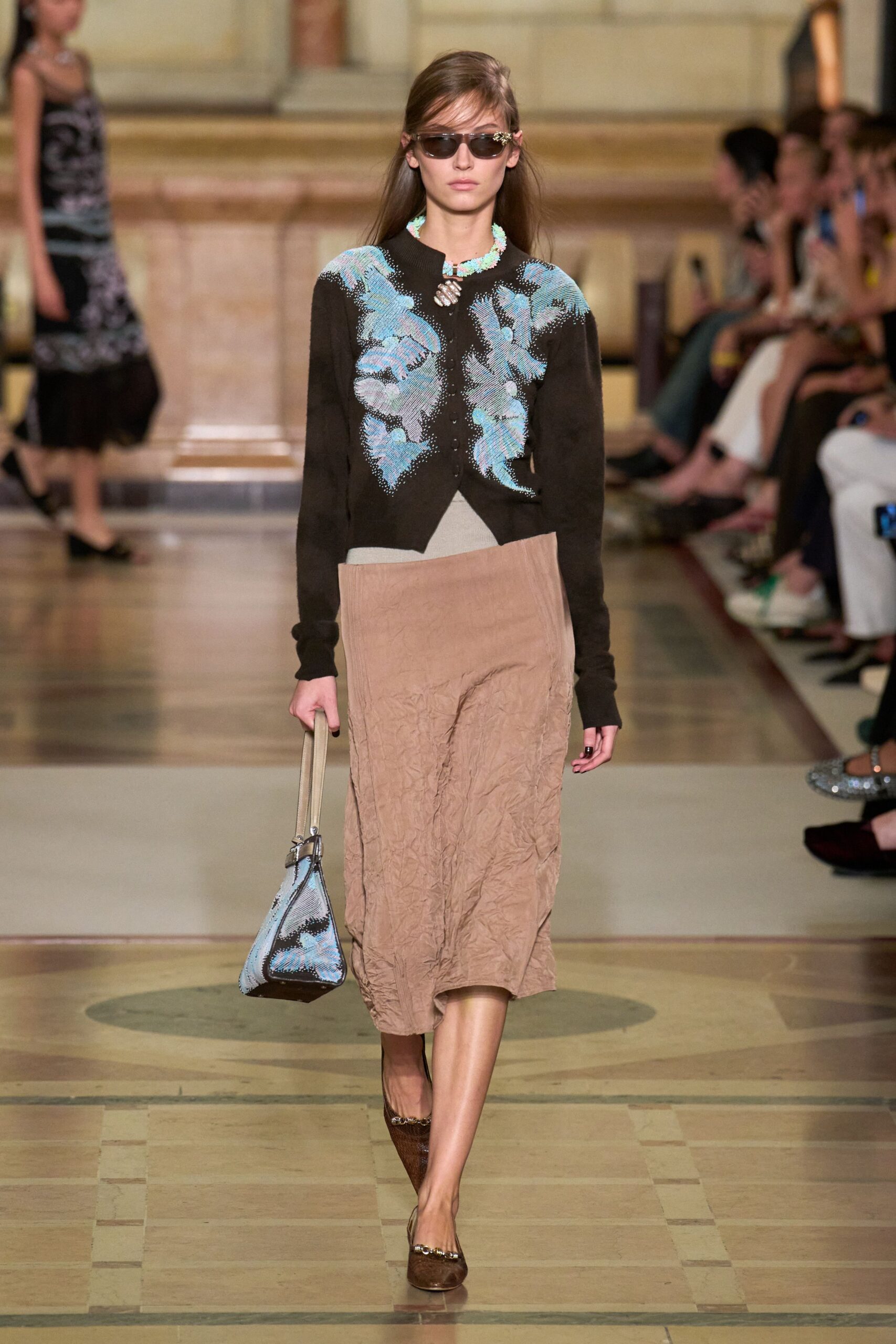 brown cotton long-sleeve collared fitted embroidered top
