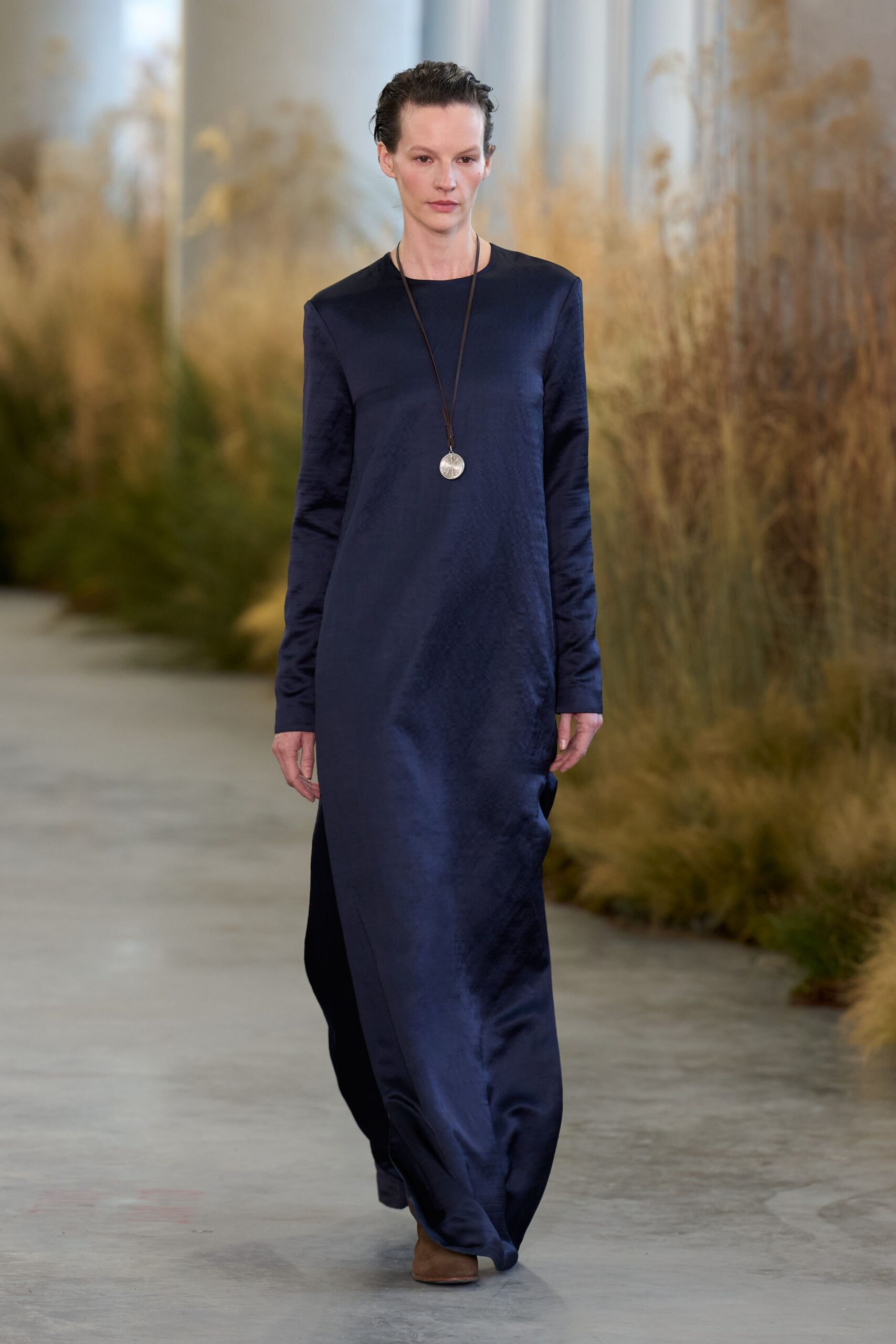 blue silk long-sleeve high-neck fitted straight-leg flowing gown