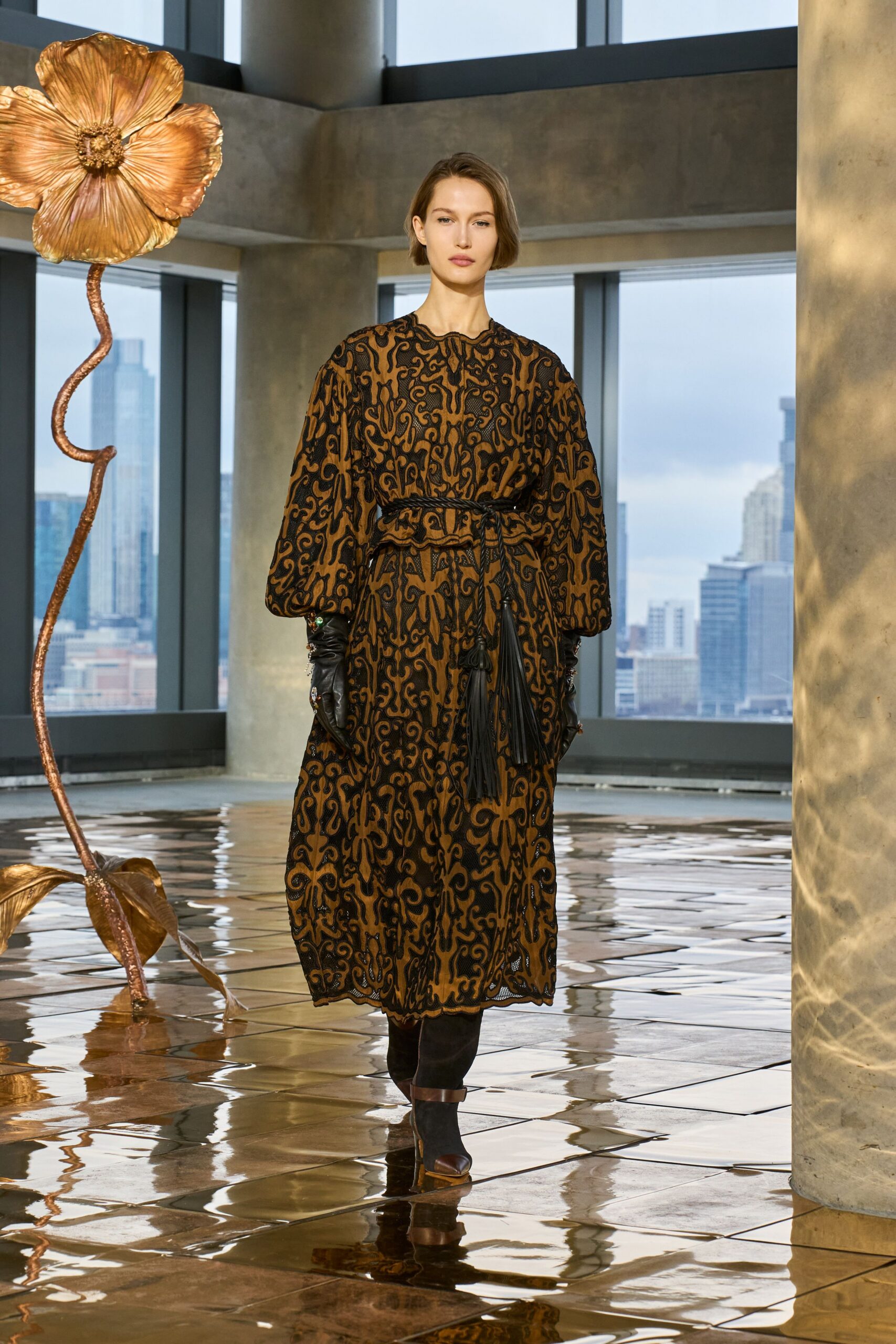 black silk long-sleeve collared relaxed embroidered belted dress