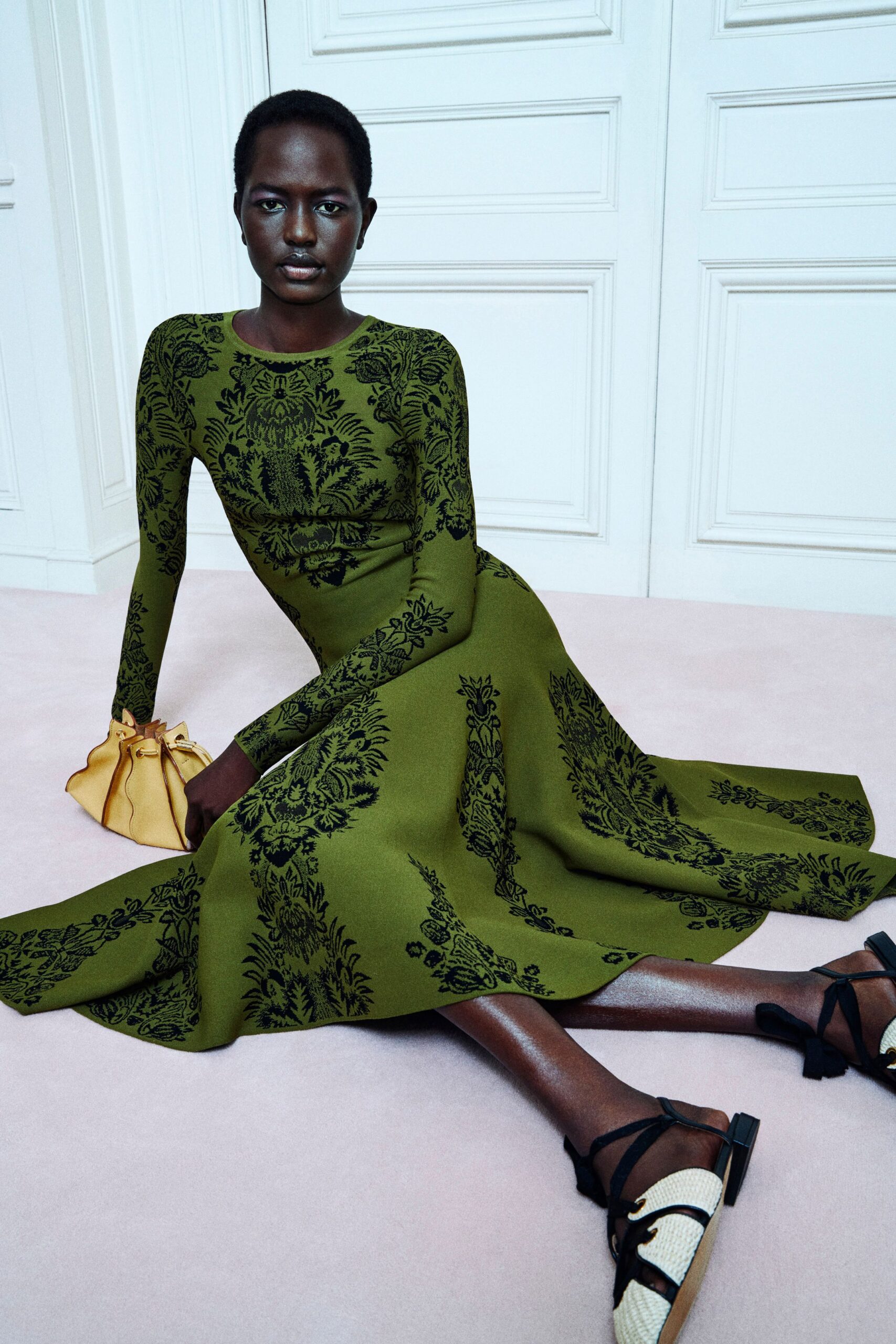 green embroidered midi dress