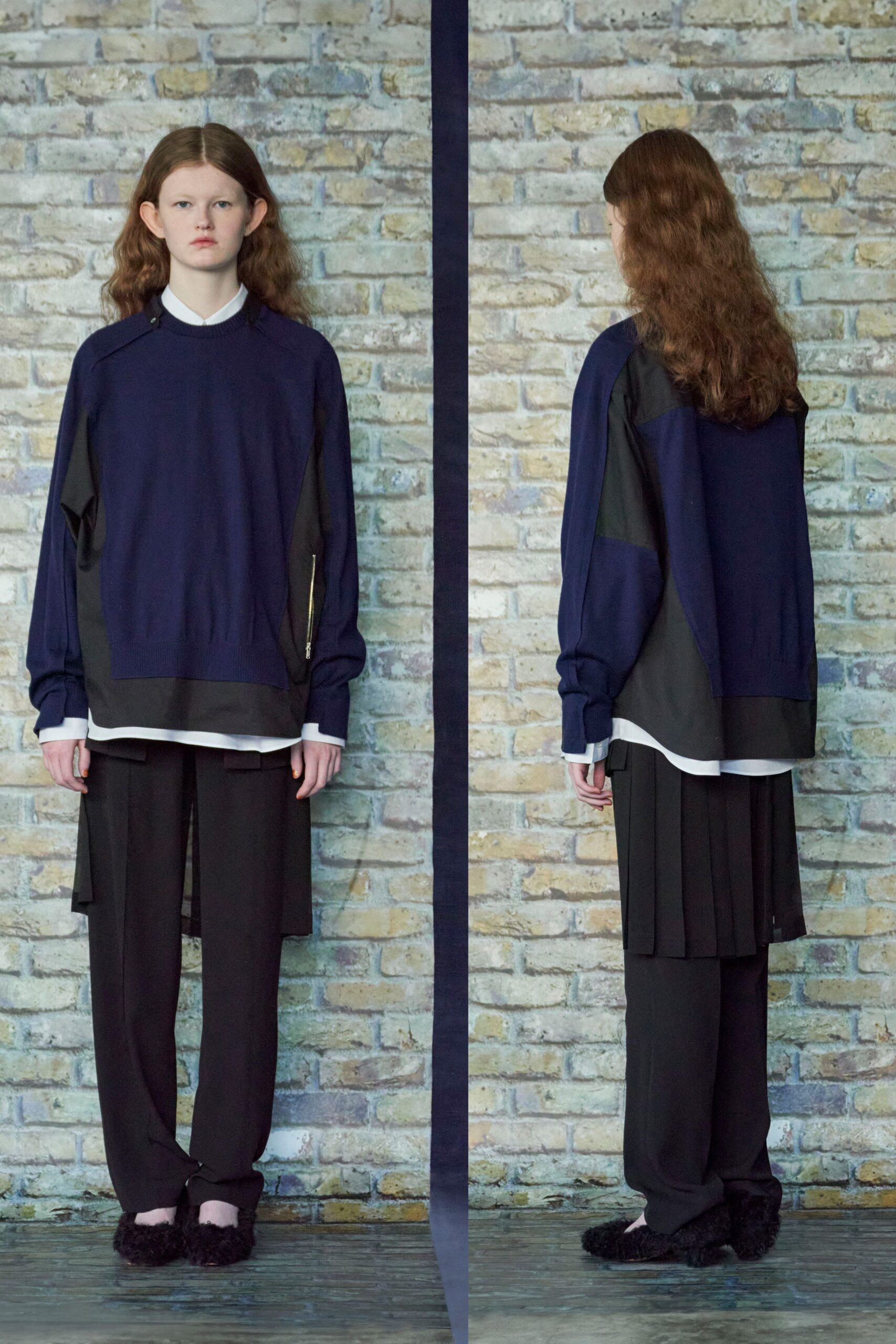 blue relaxed sweater with black pants